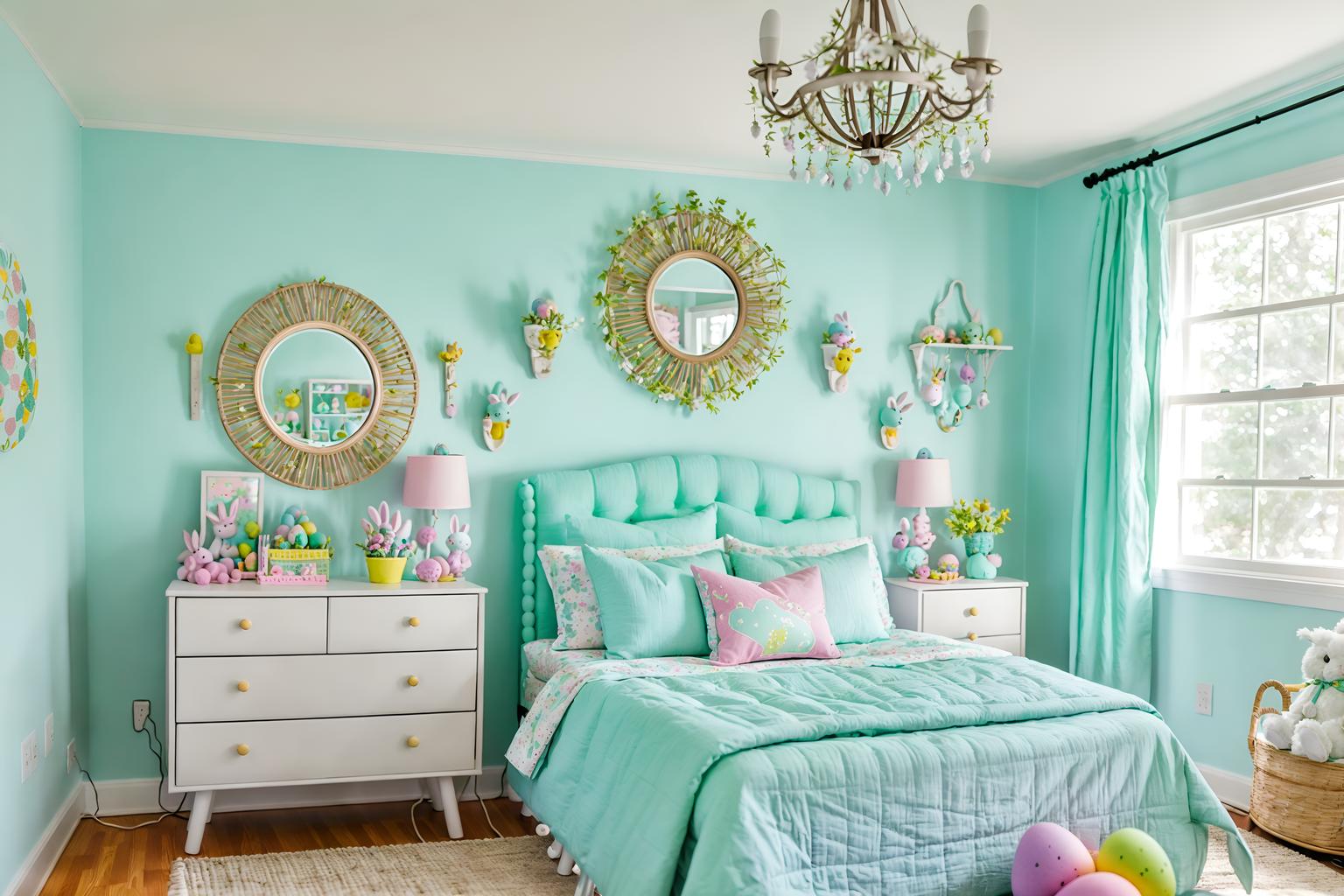 easter-style (kids room interior) with bedside table or night stand and mirror and night light and headboard and accent chair and plant and kids desk and storage bench or ottoman. . with easter decorations and colorful easter eggs and light blue colors and spring decorations and flowers on table and easter decorations. . cinematic photo, highly detailed, cinematic lighting, ultra-detailed, ultrarealistic, photorealism, 8k. easter interior design style. masterpiece, cinematic light, ultrarealistic+, photorealistic+, 8k, raw photo, realistic, sharp focus on eyes, (symmetrical eyes), (intact eyes), hyperrealistic, highest quality, best quality, , highly detailed, masterpiece, best quality, extremely detailed 8k wallpaper, masterpiece, best quality, ultra-detailed, best shadow, detailed background, detailed face, detailed eyes, high contrast, best illumination, detailed face, dulux, caustic, dynamic angle, detailed glow. dramatic lighting. highly detailed, insanely detailed hair, symmetrical, intricate details, professionally retouched, 8k high definition. strong bokeh. award winning photo.