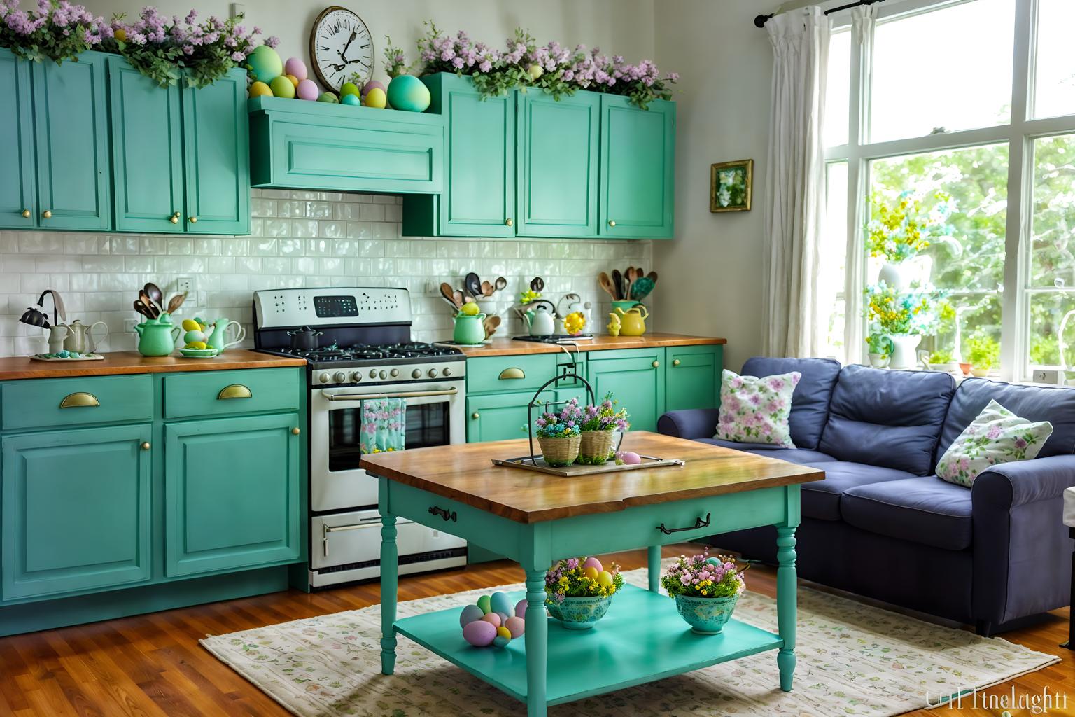 easter-style (kitchen living combo interior) with coffee tables and worktops and bookshelves and sink and stove and chairs and televisions and electric lamps. . with flowers on table and easter decorations and spring decorations and colorful easter eggs and light blue colors and flowers on table. . cinematic photo, highly detailed, cinematic lighting, ultra-detailed, ultrarealistic, photorealism, 8k. easter interior design style. masterpiece, cinematic light, ultrarealistic+, photorealistic+, 8k, raw photo, realistic, sharp focus on eyes, (symmetrical eyes), (intact eyes), hyperrealistic, highest quality, best quality, , highly detailed, masterpiece, best quality, extremely detailed 8k wallpaper, masterpiece, best quality, ultra-detailed, best shadow, detailed background, detailed face, detailed eyes, high contrast, best illumination, detailed face, dulux, caustic, dynamic angle, detailed glow. dramatic lighting. highly detailed, insanely detailed hair, symmetrical, intricate details, professionally retouched, 8k high definition. strong bokeh. award winning photo.