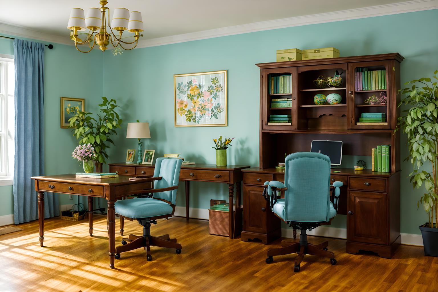 easter-style (study room interior) with office chair and cabinets and plant and lounge chair and bookshelves and desk lamp and writing desk and office chair. . with flowers on table and colorful easter eggs and light blue colors and easter decorations and spring decorations and flowers on table. . cinematic photo, highly detailed, cinematic lighting, ultra-detailed, ultrarealistic, photorealism, 8k. easter interior design style. masterpiece, cinematic light, ultrarealistic+, photorealistic+, 8k, raw photo, realistic, sharp focus on eyes, (symmetrical eyes), (intact eyes), hyperrealistic, highest quality, best quality, , highly detailed, masterpiece, best quality, extremely detailed 8k wallpaper, masterpiece, best quality, ultra-detailed, best shadow, detailed background, detailed face, detailed eyes, high contrast, best illumination, detailed face, dulux, caustic, dynamic angle, detailed glow. dramatic lighting. highly detailed, insanely detailed hair, symmetrical, intricate details, professionally retouched, 8k high definition. strong bokeh. award winning photo.