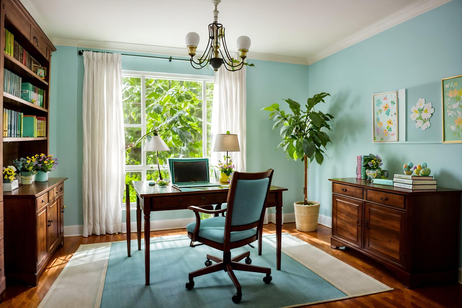 easter-style (study room interior) with office chair and cabinets and plant and lounge chair and bookshelves and desk lamp and writing desk and office chair. . with flowers on table and colorful easter eggs and light blue colors and easter decorations and spring decorations and flowers on table. . cinematic photo, highly detailed, cinematic lighting, ultra-detailed, ultrarealistic, photorealism, 8k. easter interior design style. masterpiece, cinematic light, ultrarealistic+, photorealistic+, 8k, raw photo, realistic, sharp focus on eyes, (symmetrical eyes), (intact eyes), hyperrealistic, highest quality, best quality, , highly detailed, masterpiece, best quality, extremely detailed 8k wallpaper, masterpiece, best quality, ultra-detailed, best shadow, detailed background, detailed face, detailed eyes, high contrast, best illumination, detailed face, dulux, caustic, dynamic angle, detailed glow. dramatic lighting. highly detailed, insanely detailed hair, symmetrical, intricate details, professionally retouched, 8k high definition. strong bokeh. award winning photo.