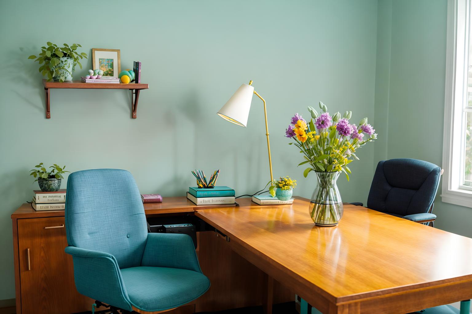 easter-style (study room interior) with office chair and cabinets and plant and lounge chair and bookshelves and desk lamp and writing desk and office chair. . with flowers on table and colorful easter eggs and light blue colors and easter decorations and spring decorations and flowers on table. . cinematic photo, highly detailed, cinematic lighting, ultra-detailed, ultrarealistic, photorealism, 8k. easter interior design style. masterpiece, cinematic light, ultrarealistic+, photorealistic+, 8k, raw photo, realistic, sharp focus on eyes, (symmetrical eyes), (intact eyes), hyperrealistic, highest quality, best quality, , highly detailed, masterpiece, best quality, extremely detailed 8k wallpaper, masterpiece, best quality, ultra-detailed, best shadow, detailed background, detailed face, detailed eyes, high contrast, best illumination, detailed face, dulux, caustic, dynamic angle, detailed glow. dramatic lighting. highly detailed, insanely detailed hair, symmetrical, intricate details, professionally retouched, 8k high definition. strong bokeh. award winning photo.