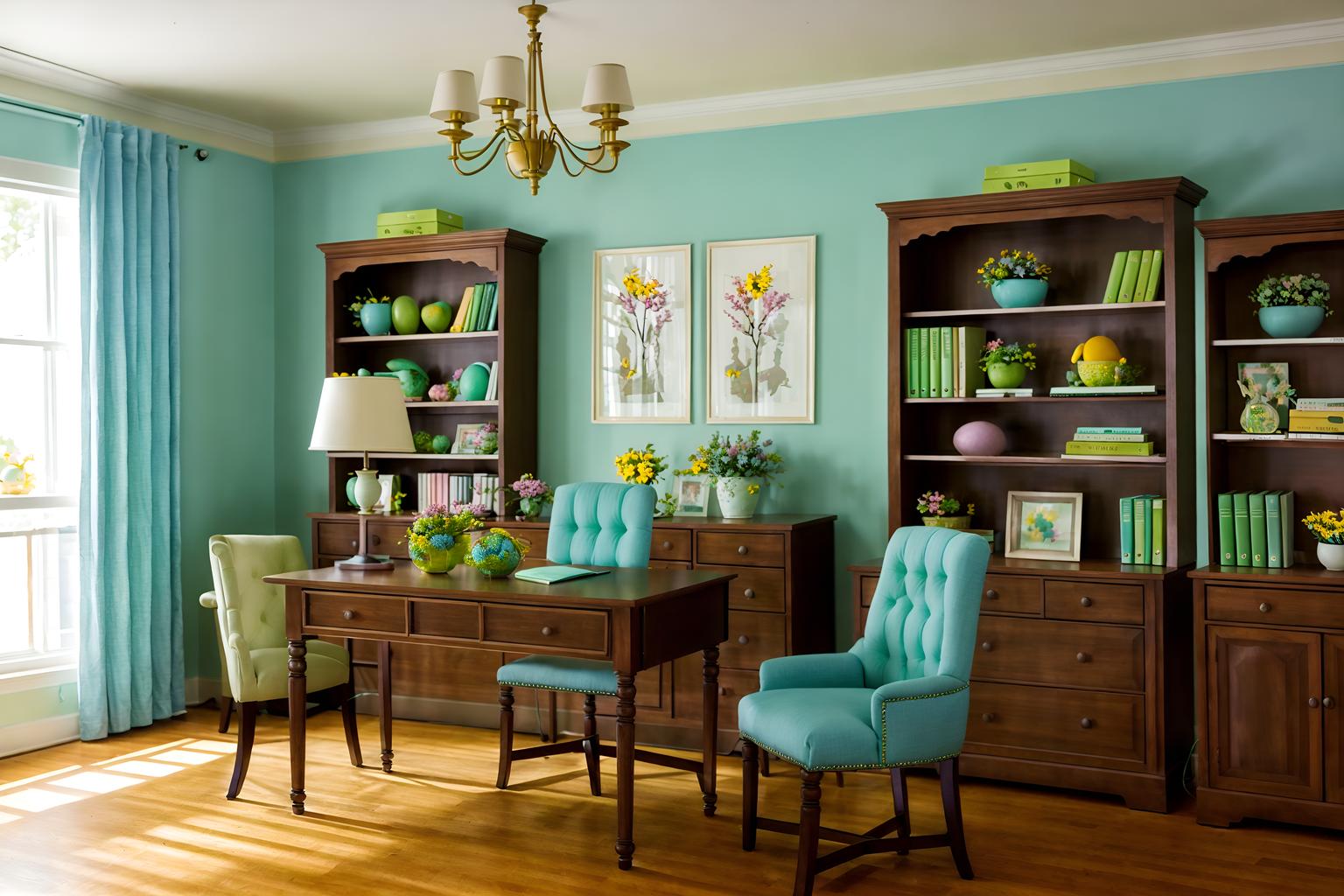 easter-style (study room interior) with office chair and cabinets and plant and lounge chair and bookshelves and desk lamp and writing desk and office chair. . with flowers on table and colorful easter eggs and light blue colors and easter decorations and spring decorations and flowers on table. . cinematic photo, highly detailed, cinematic lighting, ultra-detailed, ultrarealistic, photorealism, 8k. easter interior design style. masterpiece, cinematic light, ultrarealistic+, photorealistic+, 8k, raw photo, realistic, sharp focus on eyes, (symmetrical eyes), (intact eyes), hyperrealistic, highest quality, best quality, , highly detailed, masterpiece, best quality, extremely detailed 8k wallpaper, masterpiece, best quality, ultra-detailed, best shadow, detailed background, detailed face, detailed eyes, high contrast, best illumination, detailed face, dulux, caustic, dynamic angle, detailed glow. dramatic lighting. highly detailed, insanely detailed hair, symmetrical, intricate details, professionally retouched, 8k high definition. strong bokeh. award winning photo.