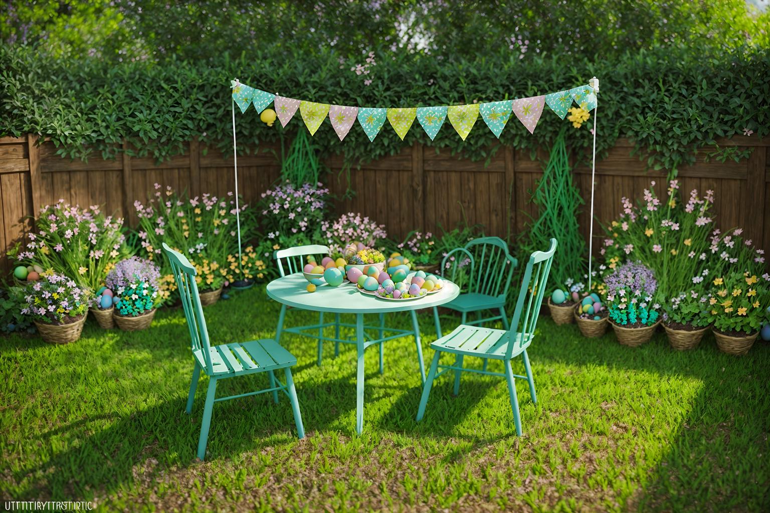 easter-style designed (outdoor garden ) with grass and garden plants and garden tree and grass. . with flowers on table and easter decorations and spring decorations and colorful easter eggs and light blue colors and flowers on table. . cinematic photo, highly detailed, cinematic lighting, ultra-detailed, ultrarealistic, photorealism, 8k. easter design style. masterpiece, cinematic light, ultrarealistic+, photorealistic+, 8k, raw photo, realistic, sharp focus on eyes, (symmetrical eyes), (intact eyes), hyperrealistic, highest quality, best quality, , highly detailed, masterpiece, best quality, extremely detailed 8k wallpaper, masterpiece, best quality, ultra-detailed, best shadow, detailed background, detailed face, detailed eyes, high contrast, best illumination, detailed face, dulux, caustic, dynamic angle, detailed glow. dramatic lighting. highly detailed, insanely detailed hair, symmetrical, intricate details, professionally retouched, 8k high definition. strong bokeh. award winning photo.