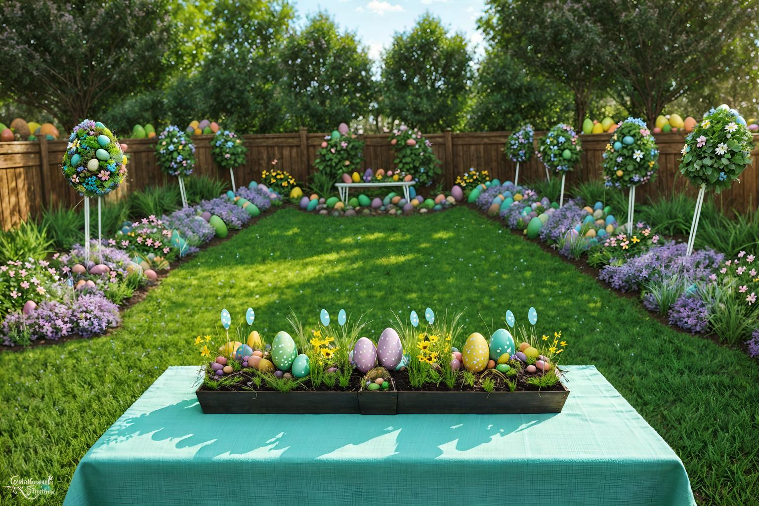 easter-style designed (outdoor garden ) with grass and garden plants and garden tree and grass. . with flowers on table and easter decorations and spring decorations and colorful easter eggs and light blue colors and flowers on table. . cinematic photo, highly detailed, cinematic lighting, ultra-detailed, ultrarealistic, photorealism, 8k. easter design style. masterpiece, cinematic light, ultrarealistic+, photorealistic+, 8k, raw photo, realistic, sharp focus on eyes, (symmetrical eyes), (intact eyes), hyperrealistic, highest quality, best quality, , highly detailed, masterpiece, best quality, extremely detailed 8k wallpaper, masterpiece, best quality, ultra-detailed, best shadow, detailed background, detailed face, detailed eyes, high contrast, best illumination, detailed face, dulux, caustic, dynamic angle, detailed glow. dramatic lighting. highly detailed, insanely detailed hair, symmetrical, intricate details, professionally retouched, 8k high definition. strong bokeh. award winning photo.