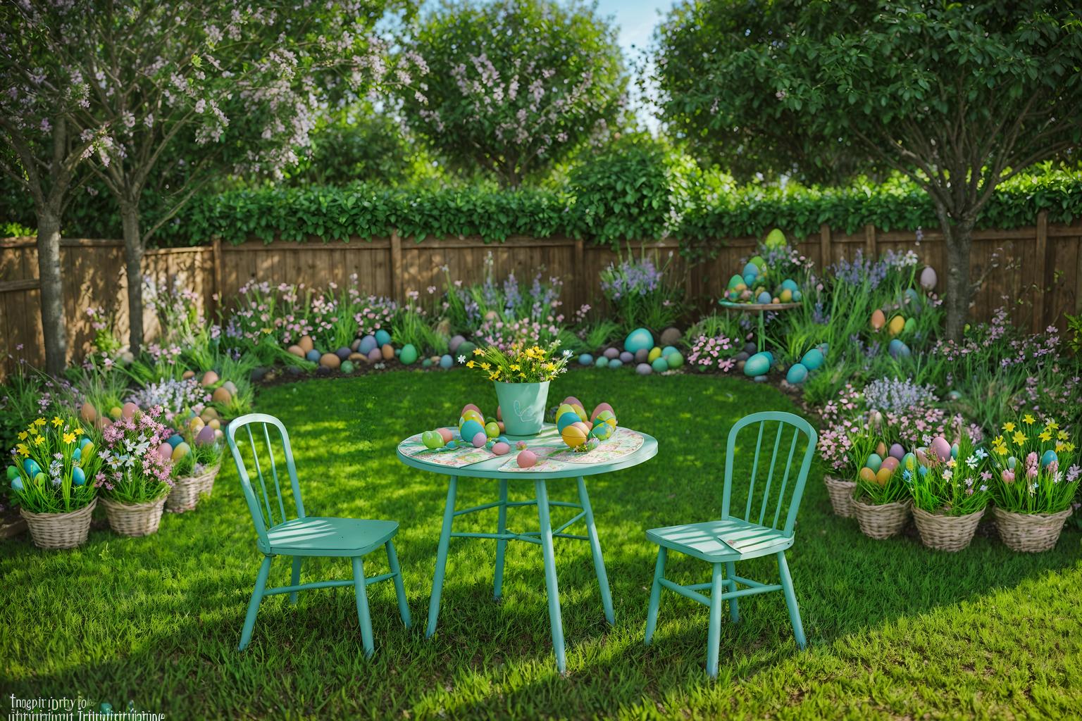 easter-style designed (outdoor garden ) with grass and garden plants and garden tree and grass. . with flowers on table and easter decorations and spring decorations and colorful easter eggs and light blue colors and flowers on table. . cinematic photo, highly detailed, cinematic lighting, ultra-detailed, ultrarealistic, photorealism, 8k. easter design style. masterpiece, cinematic light, ultrarealistic+, photorealistic+, 8k, raw photo, realistic, sharp focus on eyes, (symmetrical eyes), (intact eyes), hyperrealistic, highest quality, best quality, , highly detailed, masterpiece, best quality, extremely detailed 8k wallpaper, masterpiece, best quality, ultra-detailed, best shadow, detailed background, detailed face, detailed eyes, high contrast, best illumination, detailed face, dulux, caustic, dynamic angle, detailed glow. dramatic lighting. highly detailed, insanely detailed hair, symmetrical, intricate details, professionally retouched, 8k high definition. strong bokeh. award winning photo.
