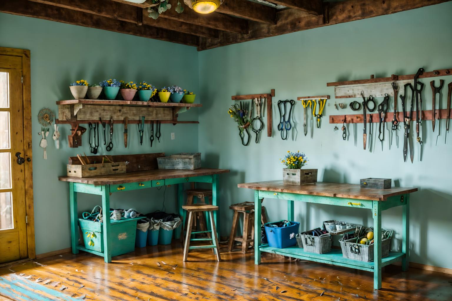 easter-style (workshop interior) with wooden workbench and tool wall and messy and wooden workbench. . with spring decorations and easter decorations and light blue colors and flowers on table and colorful easter eggs and spring decorations. . cinematic photo, highly detailed, cinematic lighting, ultra-detailed, ultrarealistic, photorealism, 8k. easter interior design style. masterpiece, cinematic light, ultrarealistic+, photorealistic+, 8k, raw photo, realistic, sharp focus on eyes, (symmetrical eyes), (intact eyes), hyperrealistic, highest quality, best quality, , highly detailed, masterpiece, best quality, extremely detailed 8k wallpaper, masterpiece, best quality, ultra-detailed, best shadow, detailed background, detailed face, detailed eyes, high contrast, best illumination, detailed face, dulux, caustic, dynamic angle, detailed glow. dramatic lighting. highly detailed, insanely detailed hair, symmetrical, intricate details, professionally retouched, 8k high definition. strong bokeh. award winning photo.