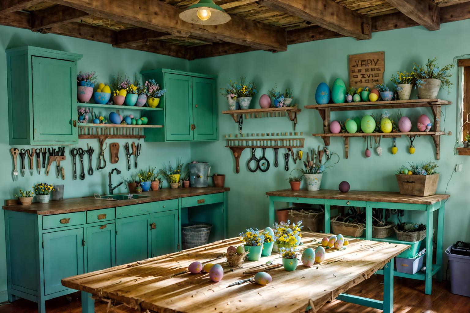 easter-style (workshop interior) with wooden workbench and tool wall and messy and wooden workbench. . with spring decorations and easter decorations and light blue colors and flowers on table and colorful easter eggs and spring decorations. . cinematic photo, highly detailed, cinematic lighting, ultra-detailed, ultrarealistic, photorealism, 8k. easter interior design style. masterpiece, cinematic light, ultrarealistic+, photorealistic+, 8k, raw photo, realistic, sharp focus on eyes, (symmetrical eyes), (intact eyes), hyperrealistic, highest quality, best quality, , highly detailed, masterpiece, best quality, extremely detailed 8k wallpaper, masterpiece, best quality, ultra-detailed, best shadow, detailed background, detailed face, detailed eyes, high contrast, best illumination, detailed face, dulux, caustic, dynamic angle, detailed glow. dramatic lighting. highly detailed, insanely detailed hair, symmetrical, intricate details, professionally retouched, 8k high definition. strong bokeh. award winning photo.