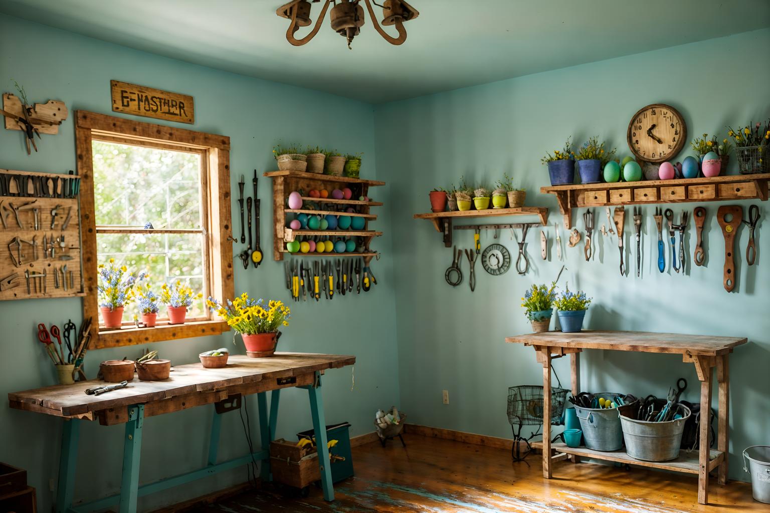 easter-style (workshop interior) with wooden workbench and tool wall and messy and wooden workbench. . with spring decorations and easter decorations and light blue colors and flowers on table and colorful easter eggs and spring decorations. . cinematic photo, highly detailed, cinematic lighting, ultra-detailed, ultrarealistic, photorealism, 8k. easter interior design style. masterpiece, cinematic light, ultrarealistic+, photorealistic+, 8k, raw photo, realistic, sharp focus on eyes, (symmetrical eyes), (intact eyes), hyperrealistic, highest quality, best quality, , highly detailed, masterpiece, best quality, extremely detailed 8k wallpaper, masterpiece, best quality, ultra-detailed, best shadow, detailed background, detailed face, detailed eyes, high contrast, best illumination, detailed face, dulux, caustic, dynamic angle, detailed glow. dramatic lighting. highly detailed, insanely detailed hair, symmetrical, intricate details, professionally retouched, 8k high definition. strong bokeh. award winning photo.