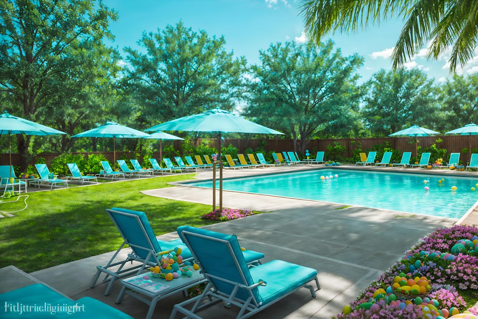 easter-style designed (outdoor pool area ) with pool lounge chairs and pool and pool lights and pool lounge chairs. . with flowers on table and spring decorations and colorful easter eggs and light blue colors and easter decorations and flowers on table. . cinematic photo, highly detailed, cinematic lighting, ultra-detailed, ultrarealistic, photorealism, 8k. easter design style. masterpiece, cinematic light, ultrarealistic+, photorealistic+, 8k, raw photo, realistic, sharp focus on eyes, (symmetrical eyes), (intact eyes), hyperrealistic, highest quality, best quality, , highly detailed, masterpiece, best quality, extremely detailed 8k wallpaper, masterpiece, best quality, ultra-detailed, best shadow, detailed background, detailed face, detailed eyes, high contrast, best illumination, detailed face, dulux, caustic, dynamic angle, detailed glow. dramatic lighting. highly detailed, insanely detailed hair, symmetrical, intricate details, professionally retouched, 8k high definition. strong bokeh. award winning photo.