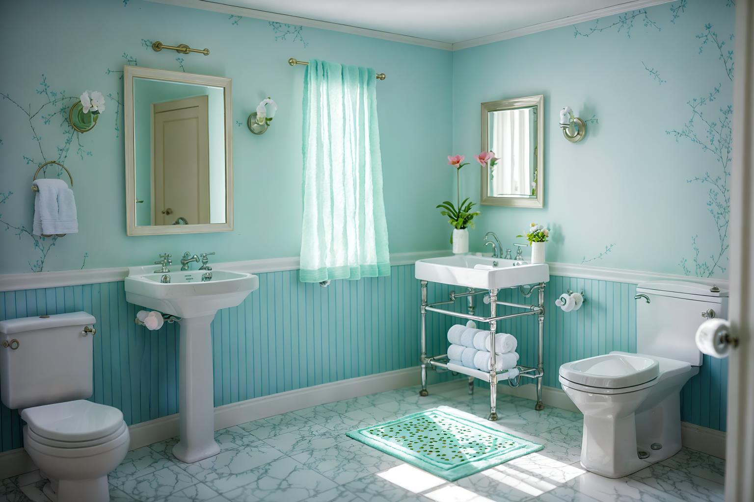 easter-style (hotel bathroom interior) with bathroom sink with faucet and waste basket and mirror and plant and bath rail and bathtub and bath towel and toilet seat. . with flowers on table and light blue colors and spring decorations and easter decorations and colorful easter eggs and flowers on table. . cinematic photo, highly detailed, cinematic lighting, ultra-detailed, ultrarealistic, photorealism, 8k. easter interior design style. masterpiece, cinematic light, ultrarealistic+, photorealistic+, 8k, raw photo, realistic, sharp focus on eyes, (symmetrical eyes), (intact eyes), hyperrealistic, highest quality, best quality, , highly detailed, masterpiece, best quality, extremely detailed 8k wallpaper, masterpiece, best quality, ultra-detailed, best shadow, detailed background, detailed face, detailed eyes, high contrast, best illumination, detailed face, dulux, caustic, dynamic angle, detailed glow. dramatic lighting. highly detailed, insanely detailed hair, symmetrical, intricate details, professionally retouched, 8k high definition. strong bokeh. award winning photo.