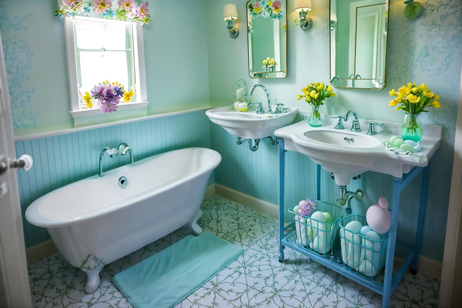 easter-style (hotel bathroom interior) with bathroom sink with faucet and waste basket and mirror and plant and bath rail and bathtub and bath towel and toilet seat. . with flowers on table and light blue colors and spring decorations and easter decorations and colorful easter eggs and flowers on table. . cinematic photo, highly detailed, cinematic lighting, ultra-detailed, ultrarealistic, photorealism, 8k. easter interior design style. masterpiece, cinematic light, ultrarealistic+, photorealistic+, 8k, raw photo, realistic, sharp focus on eyes, (symmetrical eyes), (intact eyes), hyperrealistic, highest quality, best quality, , highly detailed, masterpiece, best quality, extremely detailed 8k wallpaper, masterpiece, best quality, ultra-detailed, best shadow, detailed background, detailed face, detailed eyes, high contrast, best illumination, detailed face, dulux, caustic, dynamic angle, detailed glow. dramatic lighting. highly detailed, insanely detailed hair, symmetrical, intricate details, professionally retouched, 8k high definition. strong bokeh. award winning photo.