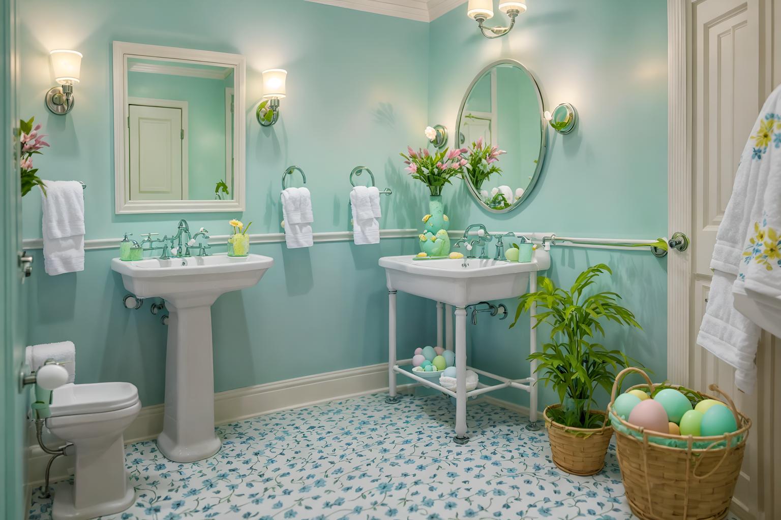 easter-style (hotel bathroom interior) with bathroom sink with faucet and waste basket and mirror and plant and bath rail and bathtub and bath towel and toilet seat. . with flowers on table and light blue colors and spring decorations and easter decorations and colorful easter eggs and flowers on table. . cinematic photo, highly detailed, cinematic lighting, ultra-detailed, ultrarealistic, photorealism, 8k. easter interior design style. masterpiece, cinematic light, ultrarealistic+, photorealistic+, 8k, raw photo, realistic, sharp focus on eyes, (symmetrical eyes), (intact eyes), hyperrealistic, highest quality, best quality, , highly detailed, masterpiece, best quality, extremely detailed 8k wallpaper, masterpiece, best quality, ultra-detailed, best shadow, detailed background, detailed face, detailed eyes, high contrast, best illumination, detailed face, dulux, caustic, dynamic angle, detailed glow. dramatic lighting. highly detailed, insanely detailed hair, symmetrical, intricate details, professionally retouched, 8k high definition. strong bokeh. award winning photo.