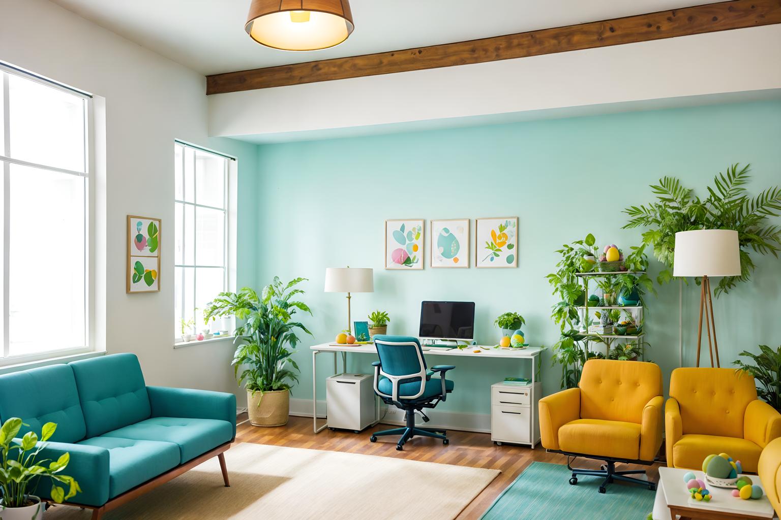 easter-style (office interior) with plants and lounge chairs and desk lamps and windows and cabinets and seating area with sofa and office chairs and office desks. . with spring decorations and light blue colors and easter decorations and colorful easter eggs and flowers on table and spring decorations. . cinematic photo, highly detailed, cinematic lighting, ultra-detailed, ultrarealistic, photorealism, 8k. easter interior design style. masterpiece, cinematic light, ultrarealistic+, photorealistic+, 8k, raw photo, realistic, sharp focus on eyes, (symmetrical eyes), (intact eyes), hyperrealistic, highest quality, best quality, , highly detailed, masterpiece, best quality, extremely detailed 8k wallpaper, masterpiece, best quality, ultra-detailed, best shadow, detailed background, detailed face, detailed eyes, high contrast, best illumination, detailed face, dulux, caustic, dynamic angle, detailed glow. dramatic lighting. highly detailed, insanely detailed hair, symmetrical, intricate details, professionally retouched, 8k high definition. strong bokeh. award winning photo.