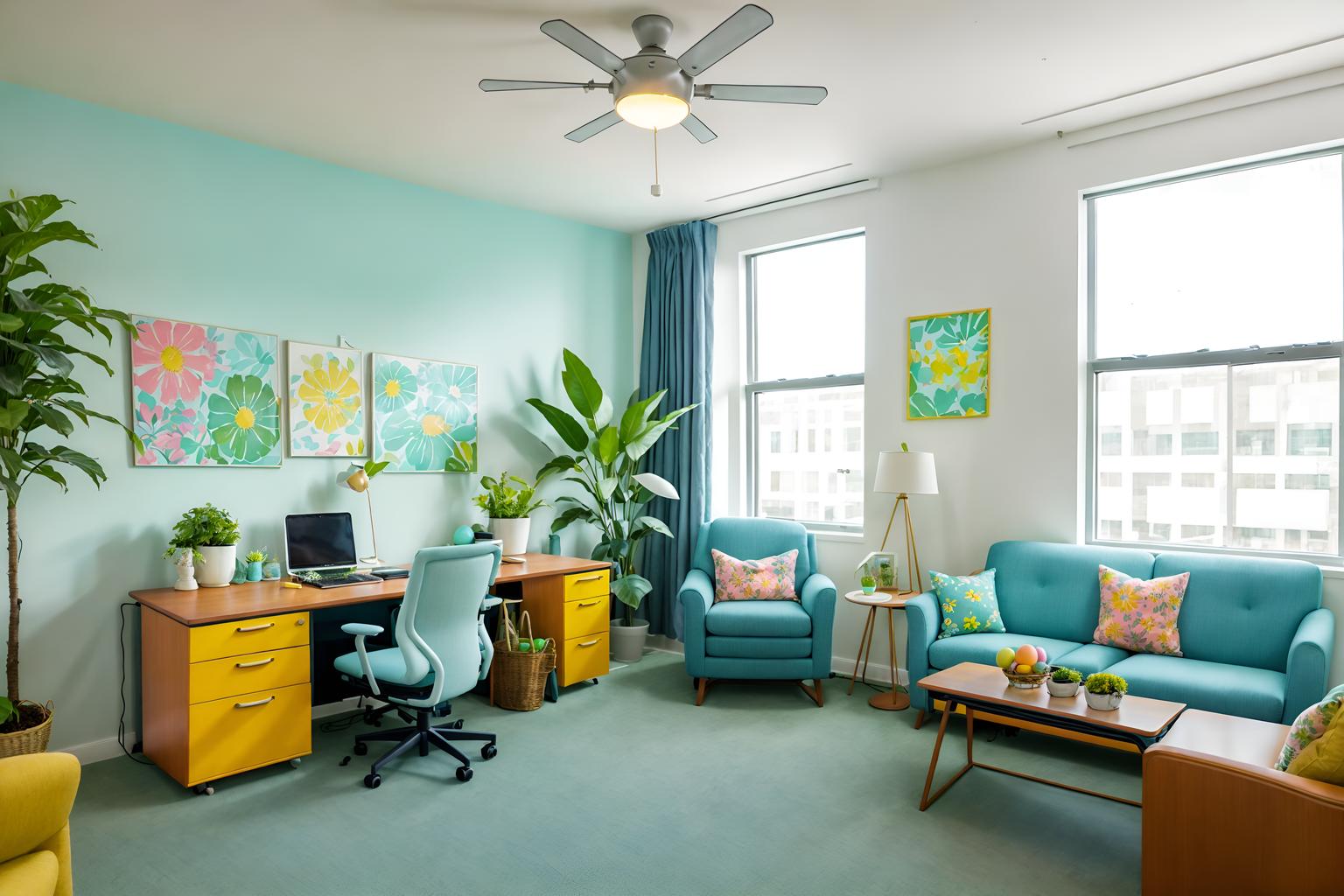 easter-style (office interior) with plants and lounge chairs and desk lamps and windows and cabinets and seating area with sofa and office chairs and office desks. . with spring decorations and light blue colors and easter decorations and colorful easter eggs and flowers on table and spring decorations. . cinematic photo, highly detailed, cinematic lighting, ultra-detailed, ultrarealistic, photorealism, 8k. easter interior design style. masterpiece, cinematic light, ultrarealistic+, photorealistic+, 8k, raw photo, realistic, sharp focus on eyes, (symmetrical eyes), (intact eyes), hyperrealistic, highest quality, best quality, , highly detailed, masterpiece, best quality, extremely detailed 8k wallpaper, masterpiece, best quality, ultra-detailed, best shadow, detailed background, detailed face, detailed eyes, high contrast, best illumination, detailed face, dulux, caustic, dynamic angle, detailed glow. dramatic lighting. highly detailed, insanely detailed hair, symmetrical, intricate details, professionally retouched, 8k high definition. strong bokeh. award winning photo.