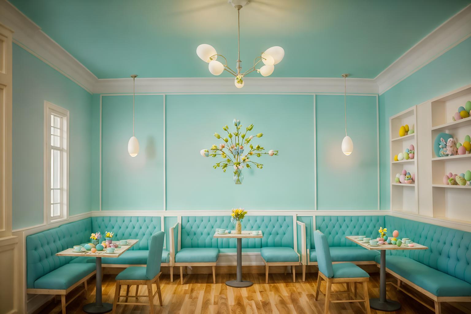 easter-style (coffee shop interior) . with light blue colors and colorful easter eggs and easter decorations and spring decorations and flowers on table and light blue colors. . cinematic photo, highly detailed, cinematic lighting, ultra-detailed, ultrarealistic, photorealism, 8k. easter interior design style. masterpiece, cinematic light, ultrarealistic+, photorealistic+, 8k, raw photo, realistic, sharp focus on eyes, (symmetrical eyes), (intact eyes), hyperrealistic, highest quality, best quality, , highly detailed, masterpiece, best quality, extremely detailed 8k wallpaper, masterpiece, best quality, ultra-detailed, best shadow, detailed background, detailed face, detailed eyes, high contrast, best illumination, detailed face, dulux, caustic, dynamic angle, detailed glow. dramatic lighting. highly detailed, insanely detailed hair, symmetrical, intricate details, professionally retouched, 8k high definition. strong bokeh. award winning photo.