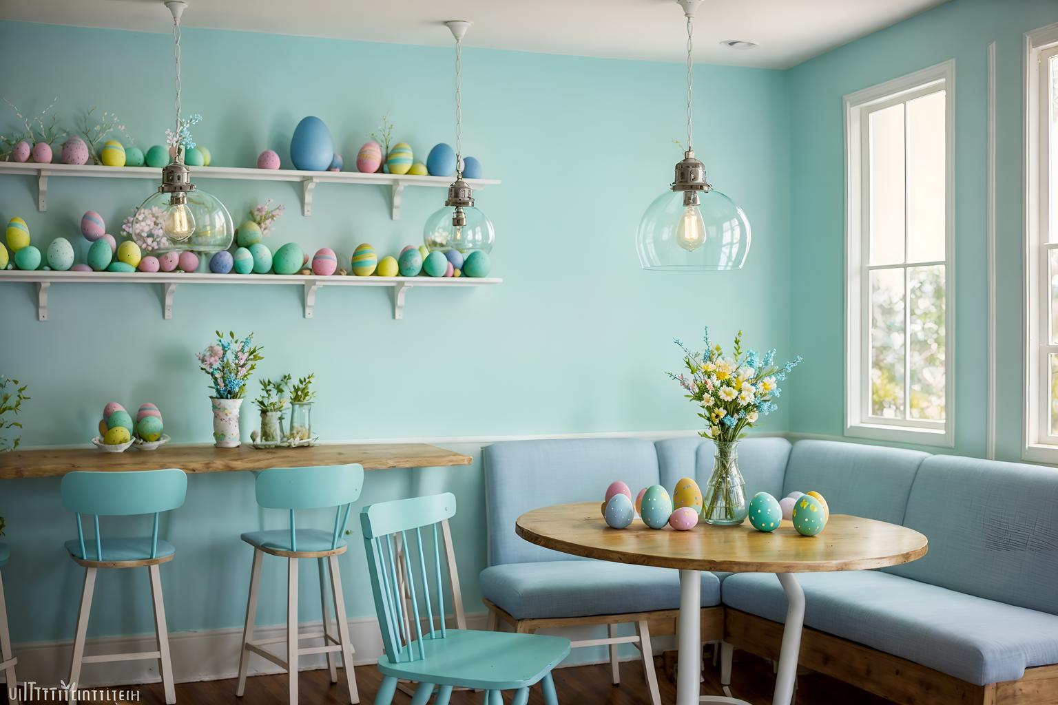 easter-style (coffee shop interior) . with light blue colors and colorful easter eggs and easter decorations and spring decorations and flowers on table and light blue colors. . cinematic photo, highly detailed, cinematic lighting, ultra-detailed, ultrarealistic, photorealism, 8k. easter interior design style. masterpiece, cinematic light, ultrarealistic+, photorealistic+, 8k, raw photo, realistic, sharp focus on eyes, (symmetrical eyes), (intact eyes), hyperrealistic, highest quality, best quality, , highly detailed, masterpiece, best quality, extremely detailed 8k wallpaper, masterpiece, best quality, ultra-detailed, best shadow, detailed background, detailed face, detailed eyes, high contrast, best illumination, detailed face, dulux, caustic, dynamic angle, detailed glow. dramatic lighting. highly detailed, insanely detailed hair, symmetrical, intricate details, professionally retouched, 8k high definition. strong bokeh. award winning photo.