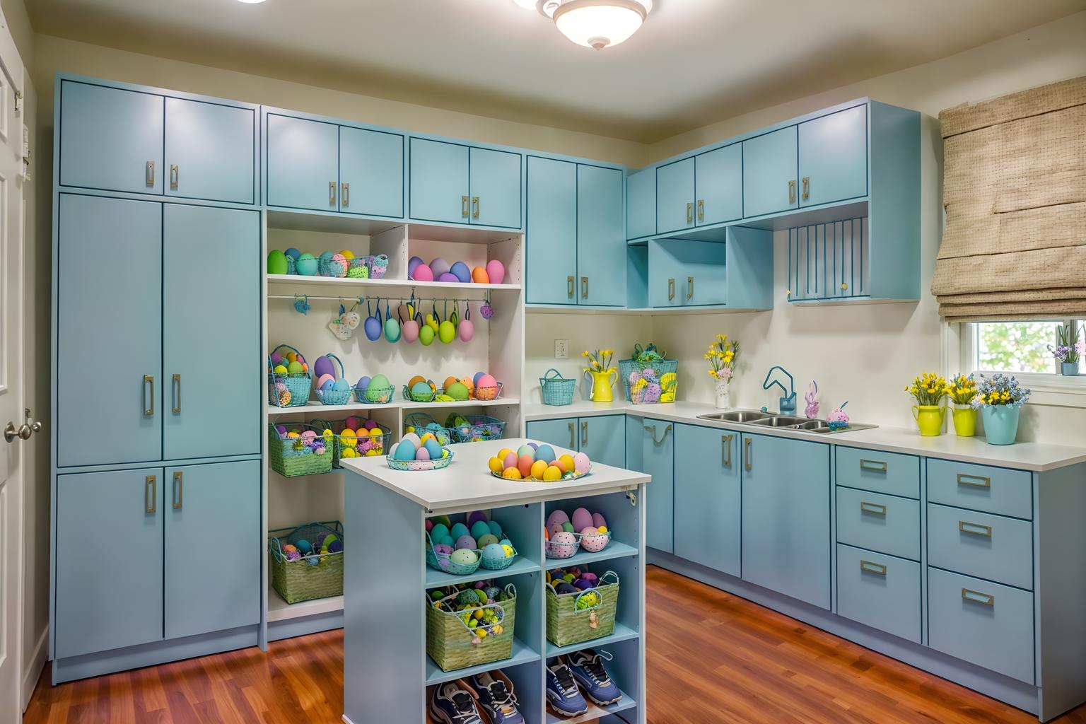 easter-style (drop zone interior) with lockers and storage baskets and cabinets and storage drawers and cubbies and wall hooks for coats and shelves for shoes and high up storage. . with spring decorations and light blue colors and easter decorations and flowers on table and colorful easter eggs and spring decorations. . cinematic photo, highly detailed, cinematic lighting, ultra-detailed, ultrarealistic, photorealism, 8k. easter interior design style. masterpiece, cinematic light, ultrarealistic+, photorealistic+, 8k, raw photo, realistic, sharp focus on eyes, (symmetrical eyes), (intact eyes), hyperrealistic, highest quality, best quality, , highly detailed, masterpiece, best quality, extremely detailed 8k wallpaper, masterpiece, best quality, ultra-detailed, best shadow, detailed background, detailed face, detailed eyes, high contrast, best illumination, detailed face, dulux, caustic, dynamic angle, detailed glow. dramatic lighting. highly detailed, insanely detailed hair, symmetrical, intricate details, professionally retouched, 8k high definition. strong bokeh. award winning photo.