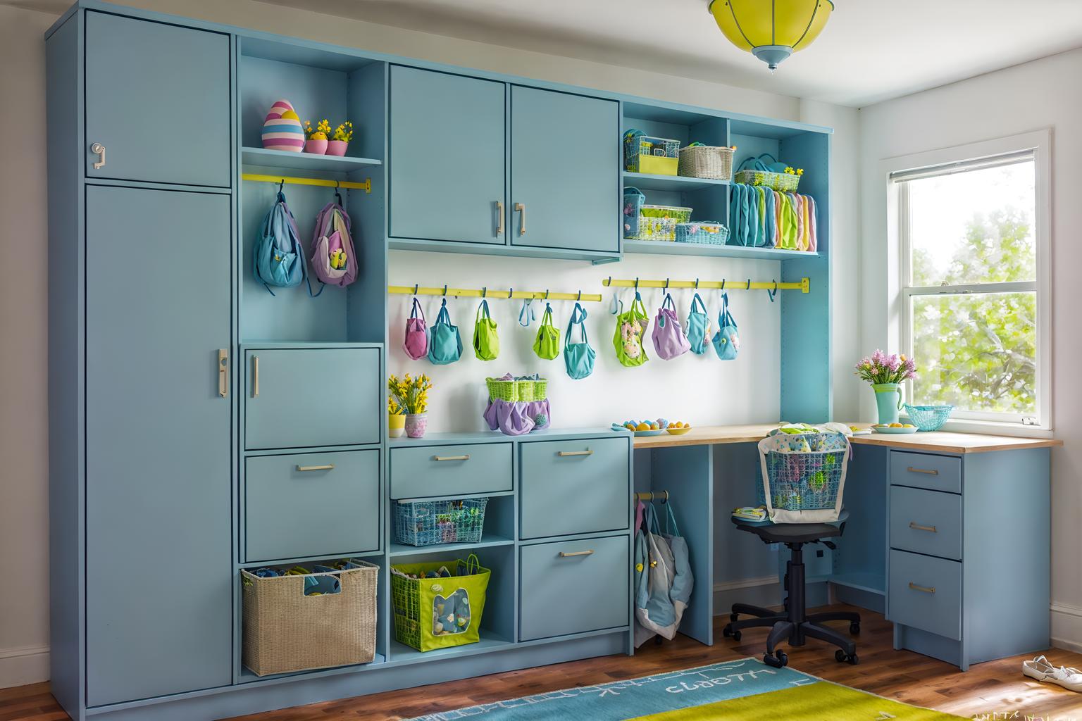 easter-style (drop zone interior) with lockers and storage baskets and cabinets and storage drawers and cubbies and wall hooks for coats and shelves for shoes and high up storage. . with spring decorations and light blue colors and easter decorations and flowers on table and colorful easter eggs and spring decorations. . cinematic photo, highly detailed, cinematic lighting, ultra-detailed, ultrarealistic, photorealism, 8k. easter interior design style. masterpiece, cinematic light, ultrarealistic+, photorealistic+, 8k, raw photo, realistic, sharp focus on eyes, (symmetrical eyes), (intact eyes), hyperrealistic, highest quality, best quality, , highly detailed, masterpiece, best quality, extremely detailed 8k wallpaper, masterpiece, best quality, ultra-detailed, best shadow, detailed background, detailed face, detailed eyes, high contrast, best illumination, detailed face, dulux, caustic, dynamic angle, detailed glow. dramatic lighting. highly detailed, insanely detailed hair, symmetrical, intricate details, professionally retouched, 8k high definition. strong bokeh. award winning photo.