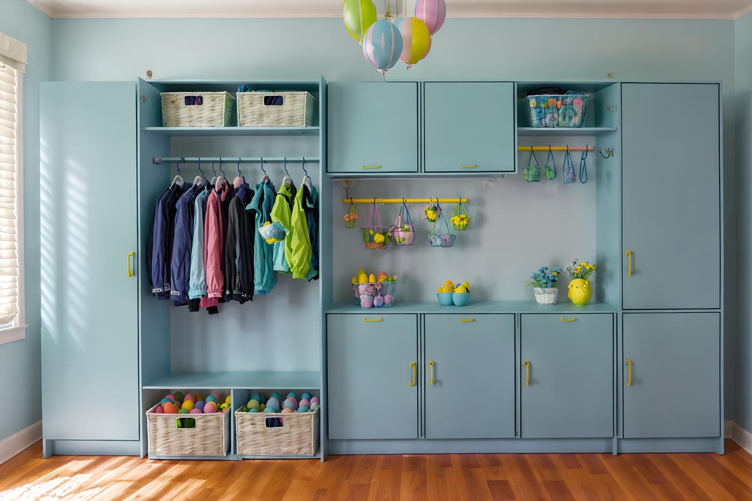 easter-style (drop zone interior) with lockers and storage baskets and cabinets and storage drawers and cubbies and wall hooks for coats and shelves for shoes and high up storage. . with spring decorations and light blue colors and easter decorations and flowers on table and colorful easter eggs and spring decorations. . cinematic photo, highly detailed, cinematic lighting, ultra-detailed, ultrarealistic, photorealism, 8k. easter interior design style. masterpiece, cinematic light, ultrarealistic+, photorealistic+, 8k, raw photo, realistic, sharp focus on eyes, (symmetrical eyes), (intact eyes), hyperrealistic, highest quality, best quality, , highly detailed, masterpiece, best quality, extremely detailed 8k wallpaper, masterpiece, best quality, ultra-detailed, best shadow, detailed background, detailed face, detailed eyes, high contrast, best illumination, detailed face, dulux, caustic, dynamic angle, detailed glow. dramatic lighting. highly detailed, insanely detailed hair, symmetrical, intricate details, professionally retouched, 8k high definition. strong bokeh. award winning photo.