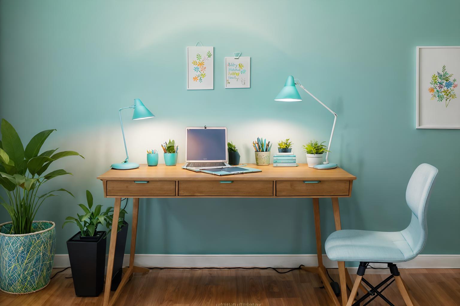 easter-style (home office interior) with plant and desk lamp and office chair and computer desk and cabinets and plant. . with light blue colors and spring decorations and colorful easter eggs and flowers on table and easter decorations and light blue colors. . cinematic photo, highly detailed, cinematic lighting, ultra-detailed, ultrarealistic, photorealism, 8k. easter interior design style. masterpiece, cinematic light, ultrarealistic+, photorealistic+, 8k, raw photo, realistic, sharp focus on eyes, (symmetrical eyes), (intact eyes), hyperrealistic, highest quality, best quality, , highly detailed, masterpiece, best quality, extremely detailed 8k wallpaper, masterpiece, best quality, ultra-detailed, best shadow, detailed background, detailed face, detailed eyes, high contrast, best illumination, detailed face, dulux, caustic, dynamic angle, detailed glow. dramatic lighting. highly detailed, insanely detailed hair, symmetrical, intricate details, professionally retouched, 8k high definition. strong bokeh. award winning photo.