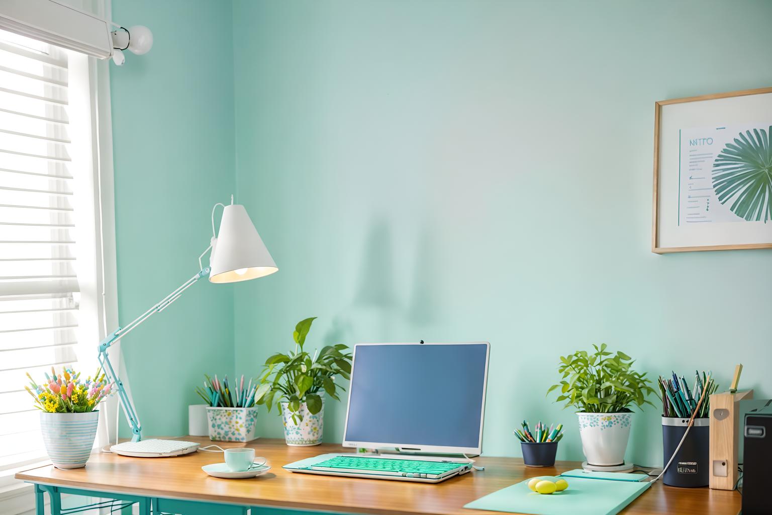 easter-style (home office interior) with plant and desk lamp and office chair and computer desk and cabinets and plant. . with light blue colors and spring decorations and colorful easter eggs and flowers on table and easter decorations and light blue colors. . cinematic photo, highly detailed, cinematic lighting, ultra-detailed, ultrarealistic, photorealism, 8k. easter interior design style. masterpiece, cinematic light, ultrarealistic+, photorealistic+, 8k, raw photo, realistic, sharp focus on eyes, (symmetrical eyes), (intact eyes), hyperrealistic, highest quality, best quality, , highly detailed, masterpiece, best quality, extremely detailed 8k wallpaper, masterpiece, best quality, ultra-detailed, best shadow, detailed background, detailed face, detailed eyes, high contrast, best illumination, detailed face, dulux, caustic, dynamic angle, detailed glow. dramatic lighting. highly detailed, insanely detailed hair, symmetrical, intricate details, professionally retouched, 8k high definition. strong bokeh. award winning photo.