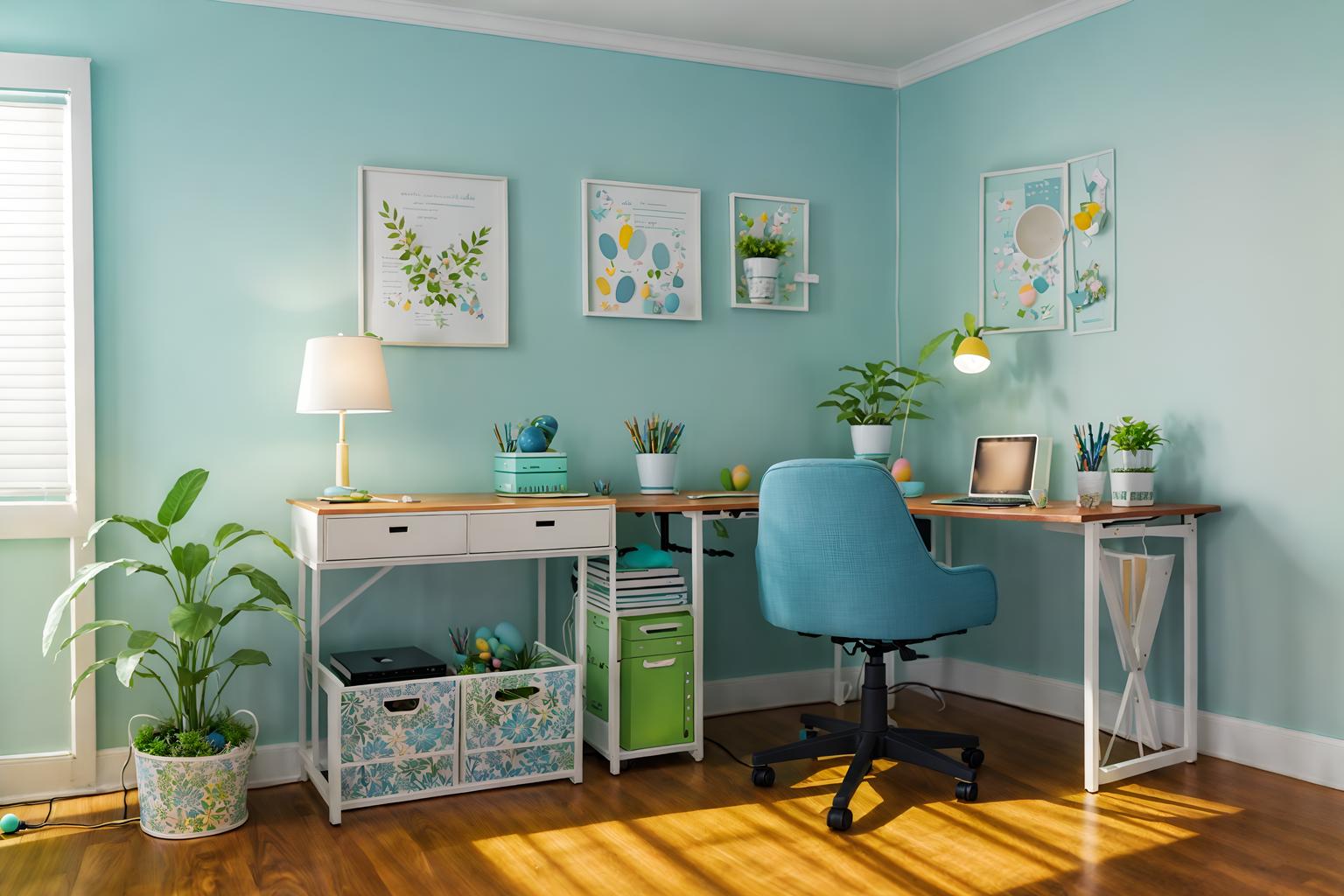 easter-style (home office interior) with plant and desk lamp and office chair and computer desk and cabinets and plant. . with light blue colors and spring decorations and colorful easter eggs and flowers on table and easter decorations and light blue colors. . cinematic photo, highly detailed, cinematic lighting, ultra-detailed, ultrarealistic, photorealism, 8k. easter interior design style. masterpiece, cinematic light, ultrarealistic+, photorealistic+, 8k, raw photo, realistic, sharp focus on eyes, (symmetrical eyes), (intact eyes), hyperrealistic, highest quality, best quality, , highly detailed, masterpiece, best quality, extremely detailed 8k wallpaper, masterpiece, best quality, ultra-detailed, best shadow, detailed background, detailed face, detailed eyes, high contrast, best illumination, detailed face, dulux, caustic, dynamic angle, detailed glow. dramatic lighting. highly detailed, insanely detailed hair, symmetrical, intricate details, professionally retouched, 8k high definition. strong bokeh. award winning photo.