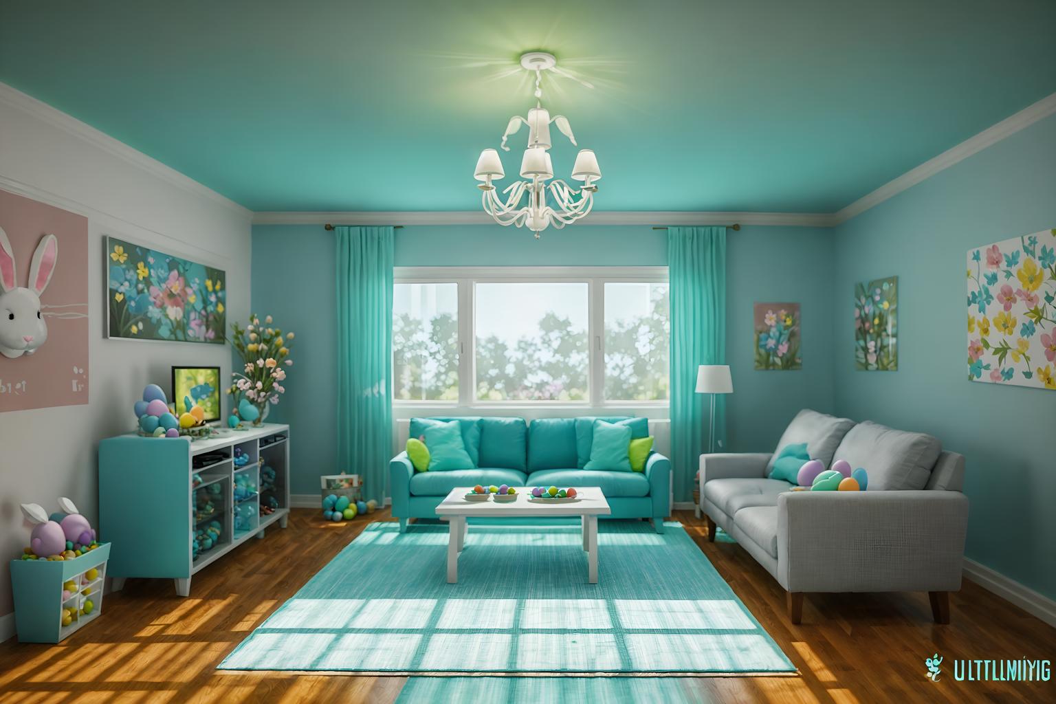 easter-style (gaming room interior) . with light blue colors and colorful easter eggs and flowers on table and easter decorations and spring decorations and light blue colors. . cinematic photo, highly detailed, cinematic lighting, ultra-detailed, ultrarealistic, photorealism, 8k. easter interior design style. masterpiece, cinematic light, ultrarealistic+, photorealistic+, 8k, raw photo, realistic, sharp focus on eyes, (symmetrical eyes), (intact eyes), hyperrealistic, highest quality, best quality, , highly detailed, masterpiece, best quality, extremely detailed 8k wallpaper, masterpiece, best quality, ultra-detailed, best shadow, detailed background, detailed face, detailed eyes, high contrast, best illumination, detailed face, dulux, caustic, dynamic angle, detailed glow. dramatic lighting. highly detailed, insanely detailed hair, symmetrical, intricate details, professionally retouched, 8k high definition. strong bokeh. award winning photo.