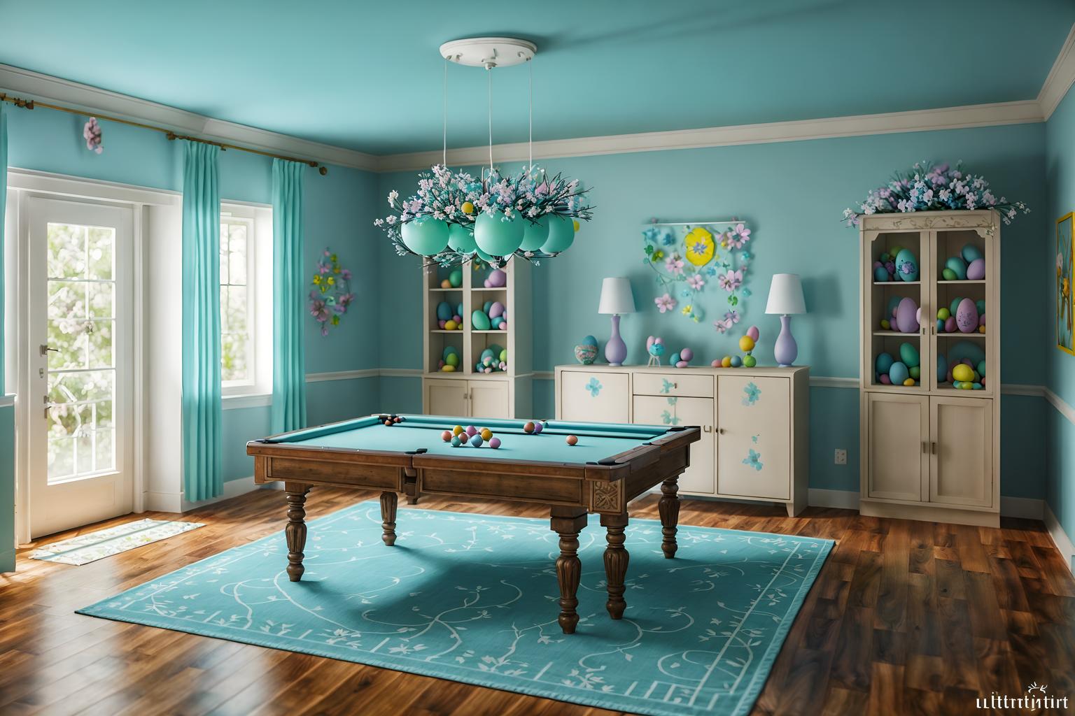 easter-style (gaming room interior) . with light blue colors and colorful easter eggs and flowers on table and easter decorations and spring decorations and light blue colors. . cinematic photo, highly detailed, cinematic lighting, ultra-detailed, ultrarealistic, photorealism, 8k. easter interior design style. masterpiece, cinematic light, ultrarealistic+, photorealistic+, 8k, raw photo, realistic, sharp focus on eyes, (symmetrical eyes), (intact eyes), hyperrealistic, highest quality, best quality, , highly detailed, masterpiece, best quality, extremely detailed 8k wallpaper, masterpiece, best quality, ultra-detailed, best shadow, detailed background, detailed face, detailed eyes, high contrast, best illumination, detailed face, dulux, caustic, dynamic angle, detailed glow. dramatic lighting. highly detailed, insanely detailed hair, symmetrical, intricate details, professionally retouched, 8k high definition. strong bokeh. award winning photo.