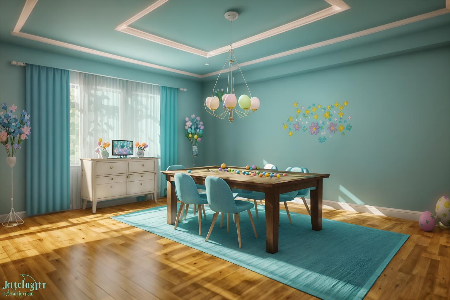 easter-style (gaming room interior) . with light blue colors and colorful easter eggs and flowers on table and easter decorations and spring decorations and light blue colors. . cinematic photo, highly detailed, cinematic lighting, ultra-detailed, ultrarealistic, photorealism, 8k. easter interior design style. masterpiece, cinematic light, ultrarealistic+, photorealistic+, 8k, raw photo, realistic, sharp focus on eyes, (symmetrical eyes), (intact eyes), hyperrealistic, highest quality, best quality, , highly detailed, masterpiece, best quality, extremely detailed 8k wallpaper, masterpiece, best quality, ultra-detailed, best shadow, detailed background, detailed face, detailed eyes, high contrast, best illumination, detailed face, dulux, caustic, dynamic angle, detailed glow. dramatic lighting. highly detailed, insanely detailed hair, symmetrical, intricate details, professionally retouched, 8k high definition. strong bokeh. award winning photo.