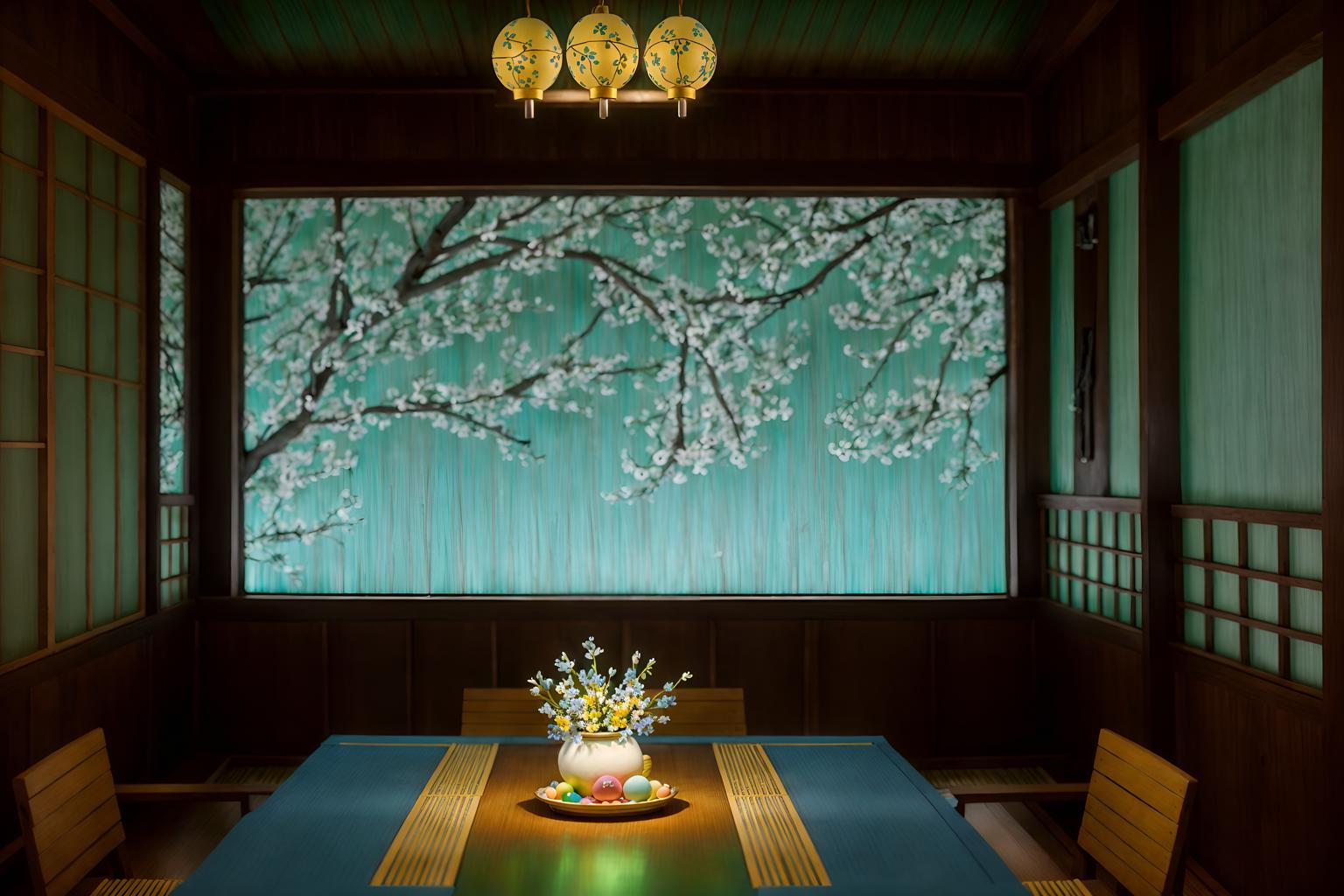 easter-style (onsen interior) . with spring decorations and light blue colors and colorful easter eggs and flowers on table and easter decorations and spring decorations. . cinematic photo, highly detailed, cinematic lighting, ultra-detailed, ultrarealistic, photorealism, 8k. easter interior design style. masterpiece, cinematic light, ultrarealistic+, photorealistic+, 8k, raw photo, realistic, sharp focus on eyes, (symmetrical eyes), (intact eyes), hyperrealistic, highest quality, best quality, , highly detailed, masterpiece, best quality, extremely detailed 8k wallpaper, masterpiece, best quality, ultra-detailed, best shadow, detailed background, detailed face, detailed eyes, high contrast, best illumination, detailed face, dulux, caustic, dynamic angle, detailed glow. dramatic lighting. highly detailed, insanely detailed hair, symmetrical, intricate details, professionally retouched, 8k high definition. strong bokeh. award winning photo.