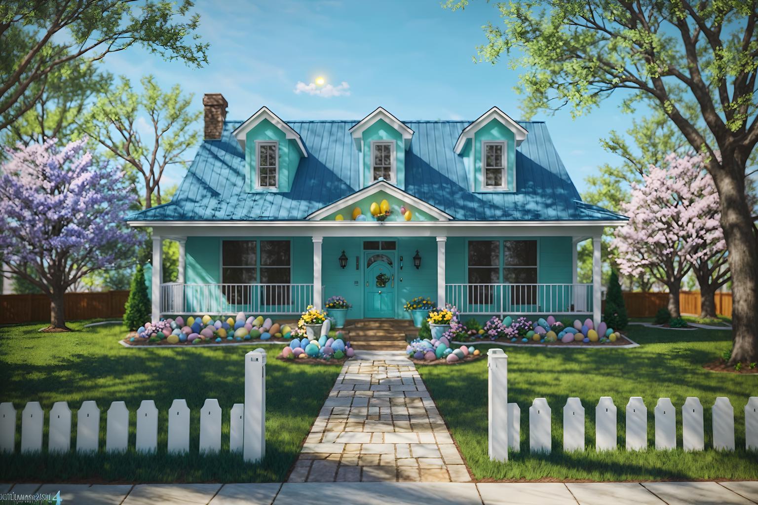 easter-style exterior designed (house exterior exterior) . with light blue colors and spring decorations and colorful easter eggs and flowers on table and easter decorations and light blue colors. . cinematic photo, highly detailed, cinematic lighting, ultra-detailed, ultrarealistic, photorealism, 8k. easter exterior design style. masterpiece, cinematic light, ultrarealistic+, photorealistic+, 8k, raw photo, realistic, sharp focus on eyes, (symmetrical eyes), (intact eyes), hyperrealistic, highest quality, best quality, , highly detailed, masterpiece, best quality, extremely detailed 8k wallpaper, masterpiece, best quality, ultra-detailed, best shadow, detailed background, detailed face, detailed eyes, high contrast, best illumination, detailed face, dulux, caustic, dynamic angle, detailed glow. dramatic lighting. highly detailed, insanely detailed hair, symmetrical, intricate details, professionally retouched, 8k high definition. strong bokeh. award winning photo.