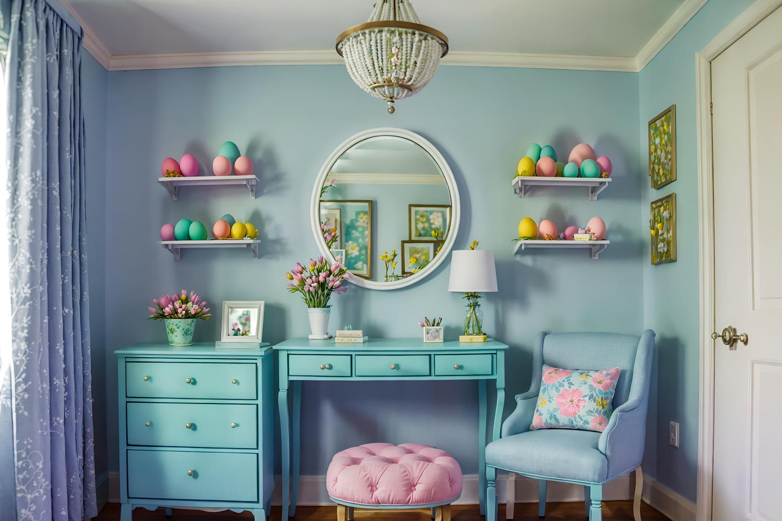 easter-style (hotel room interior) with dresser closet and bed and accent chair and working desk with desk chair and storage bench or ottoman and bedside table or night stand and mirror and hotel bathroom. . with light blue colors and flowers on table and colorful easter eggs and spring decorations and easter decorations and light blue colors. . cinematic photo, highly detailed, cinematic lighting, ultra-detailed, ultrarealistic, photorealism, 8k. easter interior design style. masterpiece, cinematic light, ultrarealistic+, photorealistic+, 8k, raw photo, realistic, sharp focus on eyes, (symmetrical eyes), (intact eyes), hyperrealistic, highest quality, best quality, , highly detailed, masterpiece, best quality, extremely detailed 8k wallpaper, masterpiece, best quality, ultra-detailed, best shadow, detailed background, detailed face, detailed eyes, high contrast, best illumination, detailed face, dulux, caustic, dynamic angle, detailed glow. dramatic lighting. highly detailed, insanely detailed hair, symmetrical, intricate details, professionally retouched, 8k high definition. strong bokeh. award winning photo.