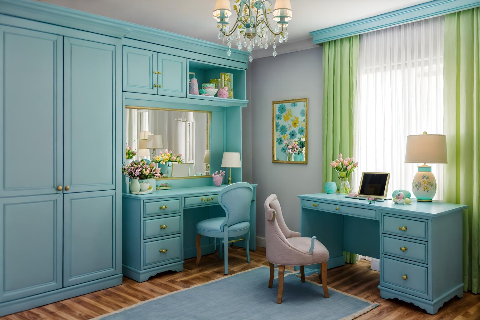 easter-style (hotel room interior) with dresser closet and bed and accent chair and working desk with desk chair and storage bench or ottoman and bedside table or night stand and mirror and hotel bathroom. . with light blue colors and flowers on table and colorful easter eggs and spring decorations and easter decorations and light blue colors. . cinematic photo, highly detailed, cinematic lighting, ultra-detailed, ultrarealistic, photorealism, 8k. easter interior design style. masterpiece, cinematic light, ultrarealistic+, photorealistic+, 8k, raw photo, realistic, sharp focus on eyes, (symmetrical eyes), (intact eyes), hyperrealistic, highest quality, best quality, , highly detailed, masterpiece, best quality, extremely detailed 8k wallpaper, masterpiece, best quality, ultra-detailed, best shadow, detailed background, detailed face, detailed eyes, high contrast, best illumination, detailed face, dulux, caustic, dynamic angle, detailed glow. dramatic lighting. highly detailed, insanely detailed hair, symmetrical, intricate details, professionally retouched, 8k high definition. strong bokeh. award winning photo.