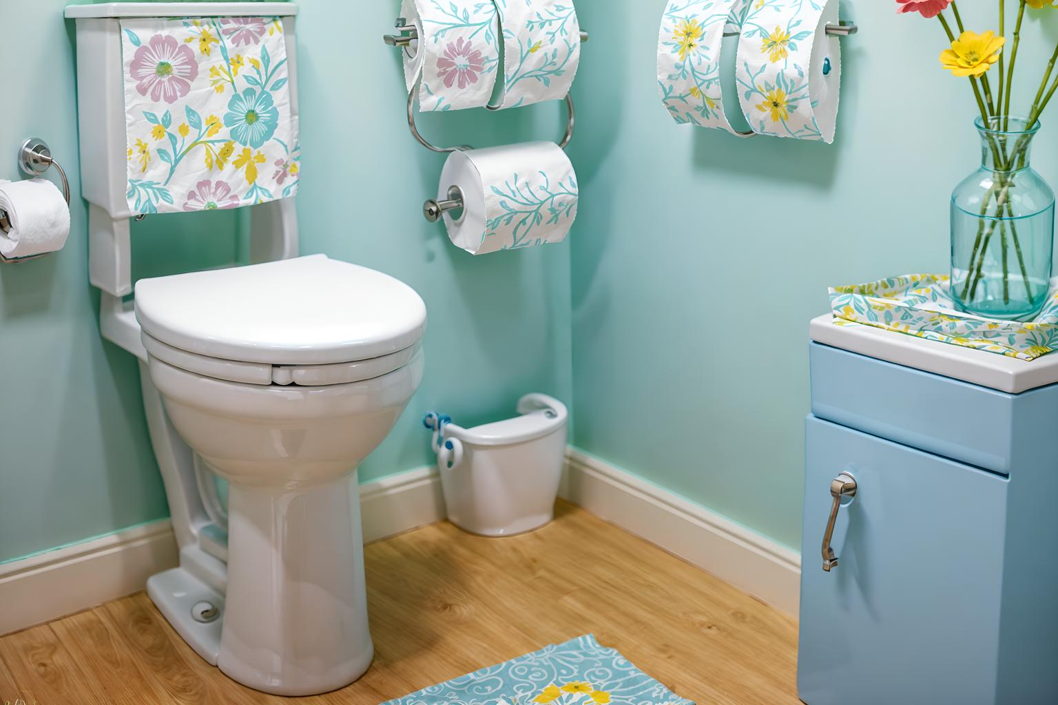 easter-style (toilet interior) with toilet paper hanger and toilet with toilet seat up and sink with tap and toilet paper hanger. . with flowers on table and light blue colors and easter decorations and spring decorations and colorful easter eggs and flowers on table. . cinematic photo, highly detailed, cinematic lighting, ultra-detailed, ultrarealistic, photorealism, 8k. easter interior design style. masterpiece, cinematic light, ultrarealistic+, photorealistic+, 8k, raw photo, realistic, sharp focus on eyes, (symmetrical eyes), (intact eyes), hyperrealistic, highest quality, best quality, , highly detailed, masterpiece, best quality, extremely detailed 8k wallpaper, masterpiece, best quality, ultra-detailed, best shadow, detailed background, detailed face, detailed eyes, high contrast, best illumination, detailed face, dulux, caustic, dynamic angle, detailed glow. dramatic lighting. highly detailed, insanely detailed hair, symmetrical, intricate details, professionally retouched, 8k high definition. strong bokeh. award winning photo.