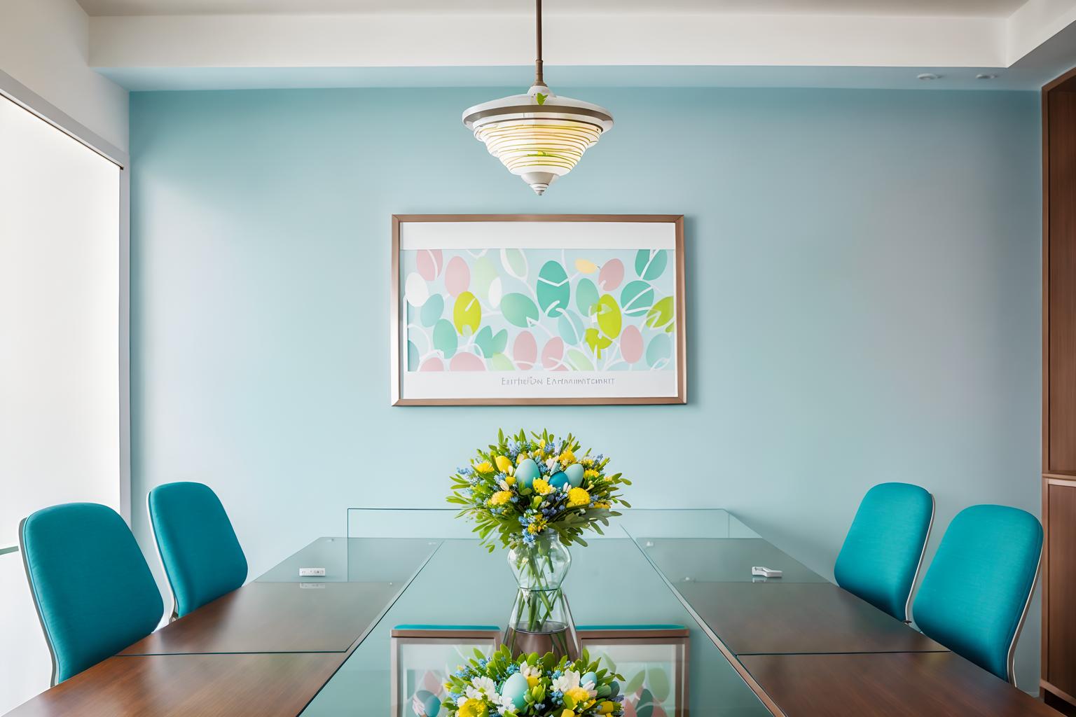 easter-style (meeting room interior) with boardroom table and vase and glass walls and office chairs and painting or photo on wall and plant and glass doors and cabinets. . with light blue colors and spring decorations and colorful easter eggs and flowers on table and easter decorations and light blue colors. . cinematic photo, highly detailed, cinematic lighting, ultra-detailed, ultrarealistic, photorealism, 8k. easter interior design style. masterpiece, cinematic light, ultrarealistic+, photorealistic+, 8k, raw photo, realistic, sharp focus on eyes, (symmetrical eyes), (intact eyes), hyperrealistic, highest quality, best quality, , highly detailed, masterpiece, best quality, extremely detailed 8k wallpaper, masterpiece, best quality, ultra-detailed, best shadow, detailed background, detailed face, detailed eyes, high contrast, best illumination, detailed face, dulux, caustic, dynamic angle, detailed glow. dramatic lighting. highly detailed, insanely detailed hair, symmetrical, intricate details, professionally retouched, 8k high definition. strong bokeh. award winning photo.