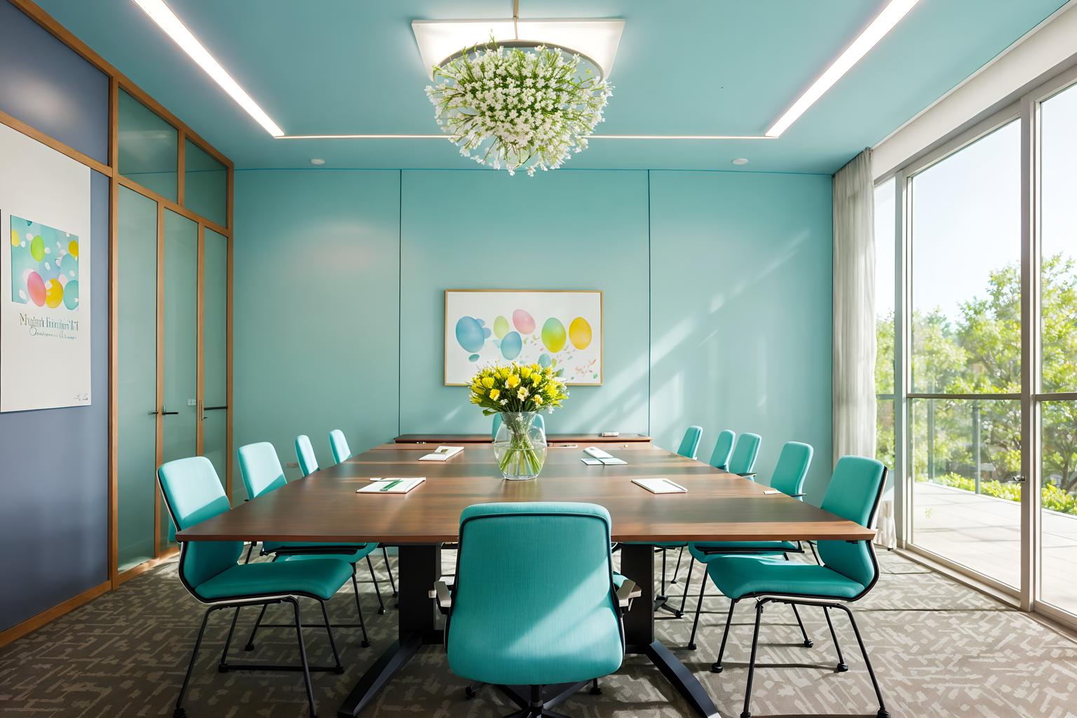 easter-style (meeting room interior) with boardroom table and vase and glass walls and office chairs and painting or photo on wall and plant and glass doors and cabinets. . with light blue colors and spring decorations and colorful easter eggs and flowers on table and easter decorations and light blue colors. . cinematic photo, highly detailed, cinematic lighting, ultra-detailed, ultrarealistic, photorealism, 8k. easter interior design style. masterpiece, cinematic light, ultrarealistic+, photorealistic+, 8k, raw photo, realistic, sharp focus on eyes, (symmetrical eyes), (intact eyes), hyperrealistic, highest quality, best quality, , highly detailed, masterpiece, best quality, extremely detailed 8k wallpaper, masterpiece, best quality, ultra-detailed, best shadow, detailed background, detailed face, detailed eyes, high contrast, best illumination, detailed face, dulux, caustic, dynamic angle, detailed glow. dramatic lighting. highly detailed, insanely detailed hair, symmetrical, intricate details, professionally retouched, 8k high definition. strong bokeh. award winning photo.