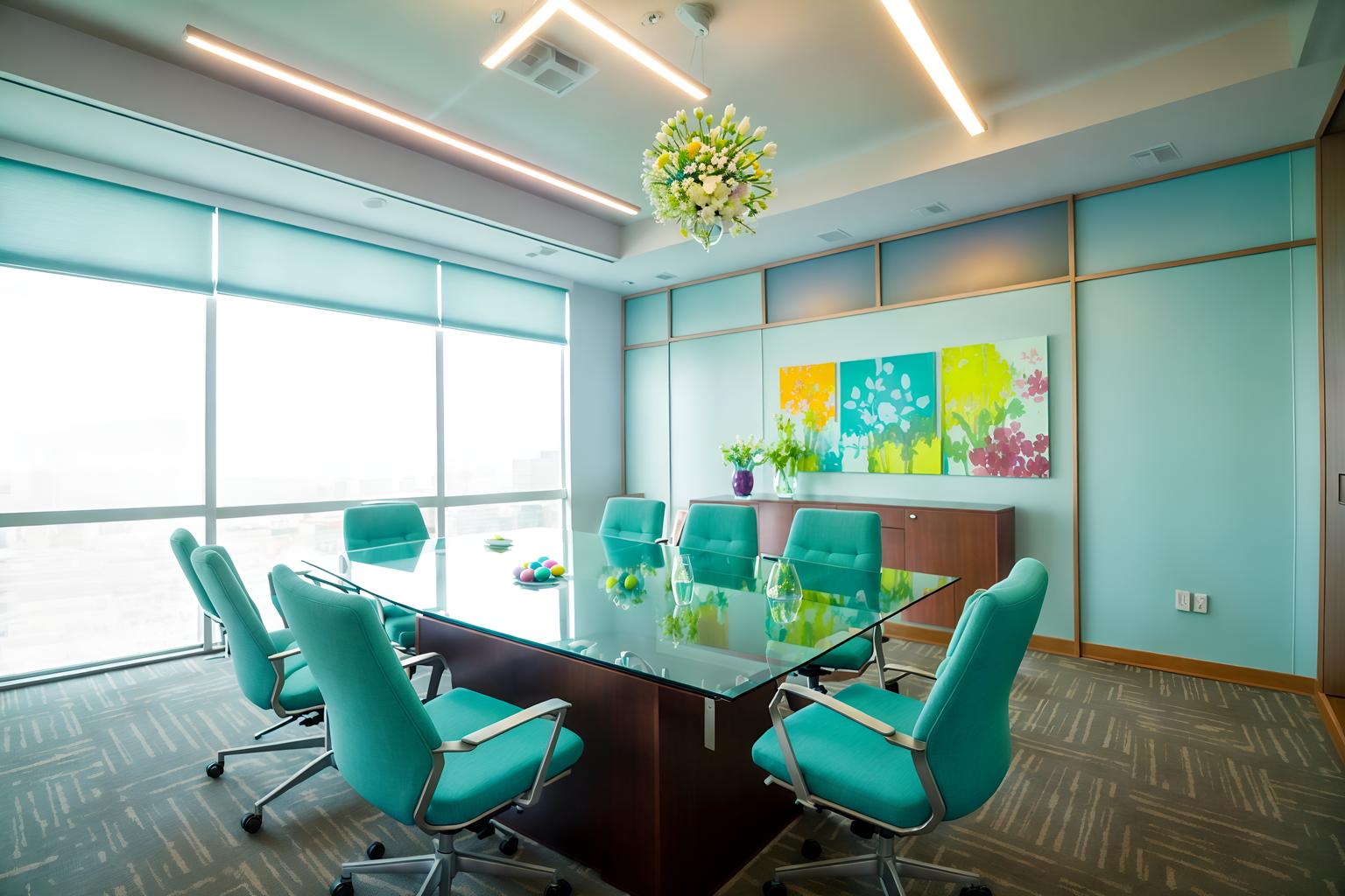 easter-style (meeting room interior) with boardroom table and vase and glass walls and office chairs and painting or photo on wall and plant and glass doors and cabinets. . with light blue colors and spring decorations and colorful easter eggs and flowers on table and easter decorations and light blue colors. . cinematic photo, highly detailed, cinematic lighting, ultra-detailed, ultrarealistic, photorealism, 8k. easter interior design style. masterpiece, cinematic light, ultrarealistic+, photorealistic+, 8k, raw photo, realistic, sharp focus on eyes, (symmetrical eyes), (intact eyes), hyperrealistic, highest quality, best quality, , highly detailed, masterpiece, best quality, extremely detailed 8k wallpaper, masterpiece, best quality, ultra-detailed, best shadow, detailed background, detailed face, detailed eyes, high contrast, best illumination, detailed face, dulux, caustic, dynamic angle, detailed glow. dramatic lighting. highly detailed, insanely detailed hair, symmetrical, intricate details, professionally retouched, 8k high definition. strong bokeh. award winning photo.