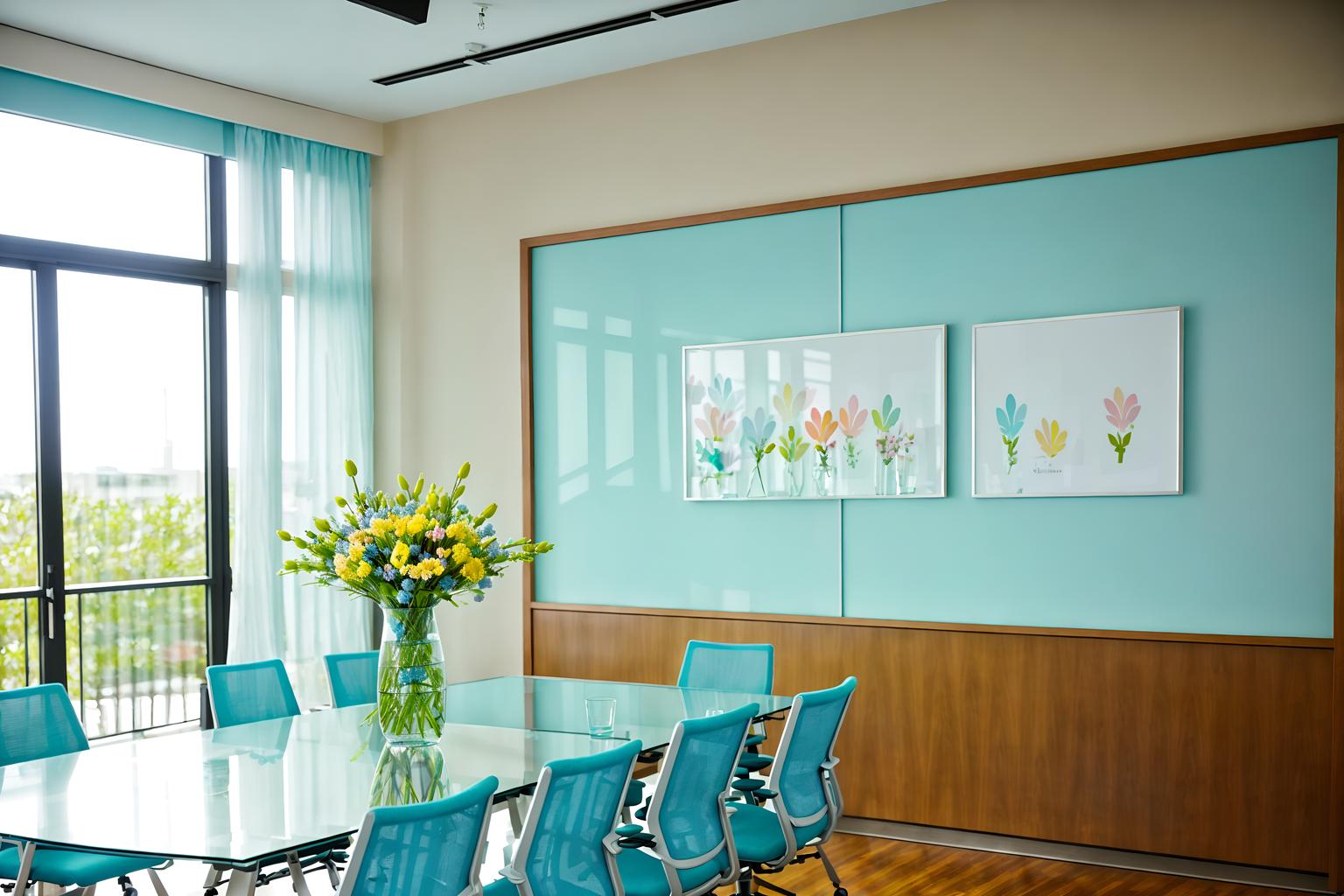 easter-style (meeting room interior) with boardroom table and vase and glass walls and office chairs and painting or photo on wall and plant and glass doors and cabinets. . with light blue colors and spring decorations and colorful easter eggs and flowers on table and easter decorations and light blue colors. . cinematic photo, highly detailed, cinematic lighting, ultra-detailed, ultrarealistic, photorealism, 8k. easter interior design style. masterpiece, cinematic light, ultrarealistic+, photorealistic+, 8k, raw photo, realistic, sharp focus on eyes, (symmetrical eyes), (intact eyes), hyperrealistic, highest quality, best quality, , highly detailed, masterpiece, best quality, extremely detailed 8k wallpaper, masterpiece, best quality, ultra-detailed, best shadow, detailed background, detailed face, detailed eyes, high contrast, best illumination, detailed face, dulux, caustic, dynamic angle, detailed glow. dramatic lighting. highly detailed, insanely detailed hair, symmetrical, intricate details, professionally retouched, 8k high definition. strong bokeh. award winning photo.