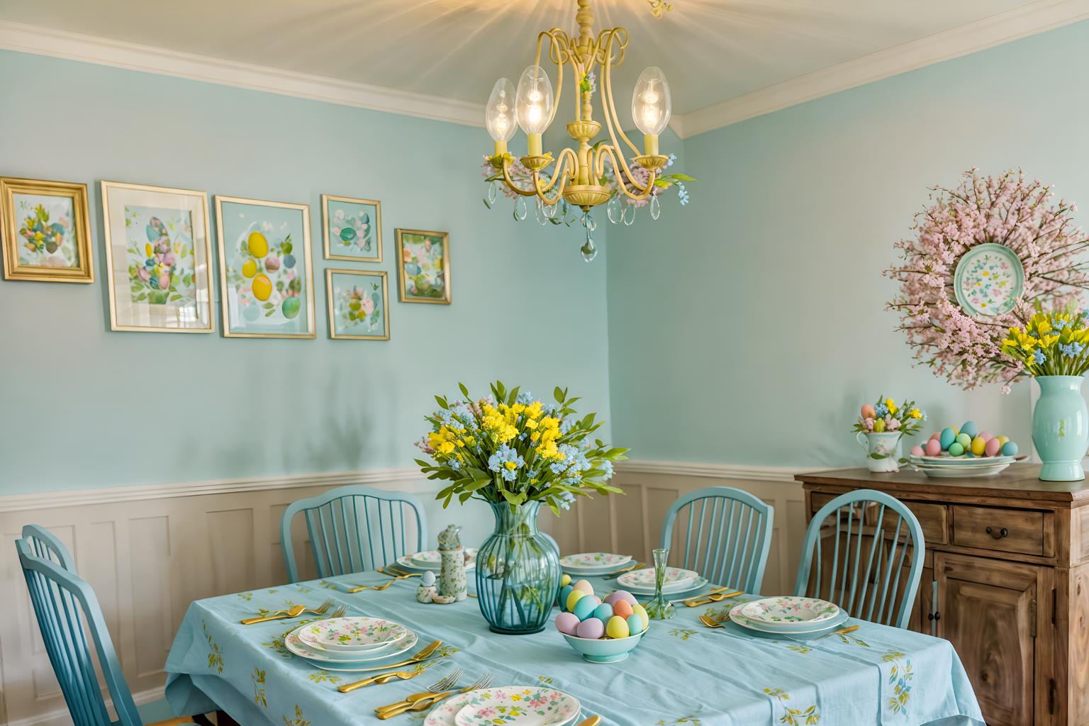 easter-style (dining room interior) with painting or photo on wall and light or chandelier and table cloth and dining table and plates, cutlery and glasses on dining table and plant and bookshelves and vase. . with light blue colors and easter decorations and spring decorations and colorful easter eggs and flowers on table and light blue colors. . cinematic photo, highly detailed, cinematic lighting, ultra-detailed, ultrarealistic, photorealism, 8k. easter interior design style. masterpiece, cinematic light, ultrarealistic+, photorealistic+, 8k, raw photo, realistic, sharp focus on eyes, (symmetrical eyes), (intact eyes), hyperrealistic, highest quality, best quality, , highly detailed, masterpiece, best quality, extremely detailed 8k wallpaper, masterpiece, best quality, ultra-detailed, best shadow, detailed background, detailed face, detailed eyes, high contrast, best illumination, detailed face, dulux, caustic, dynamic angle, detailed glow. dramatic lighting. highly detailed, insanely detailed hair, symmetrical, intricate details, professionally retouched, 8k high definition. strong bokeh. award winning photo.