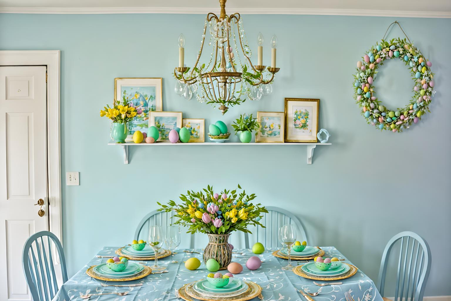 easter-style (dining room interior) with painting or photo on wall and light or chandelier and table cloth and dining table and plates, cutlery and glasses on dining table and plant and bookshelves and vase. . with light blue colors and easter decorations and spring decorations and colorful easter eggs and flowers on table and light blue colors. . cinematic photo, highly detailed, cinematic lighting, ultra-detailed, ultrarealistic, photorealism, 8k. easter interior design style. masterpiece, cinematic light, ultrarealistic+, photorealistic+, 8k, raw photo, realistic, sharp focus on eyes, (symmetrical eyes), (intact eyes), hyperrealistic, highest quality, best quality, , highly detailed, masterpiece, best quality, extremely detailed 8k wallpaper, masterpiece, best quality, ultra-detailed, best shadow, detailed background, detailed face, detailed eyes, high contrast, best illumination, detailed face, dulux, caustic, dynamic angle, detailed glow. dramatic lighting. highly detailed, insanely detailed hair, symmetrical, intricate details, professionally retouched, 8k high definition. strong bokeh. award winning photo.