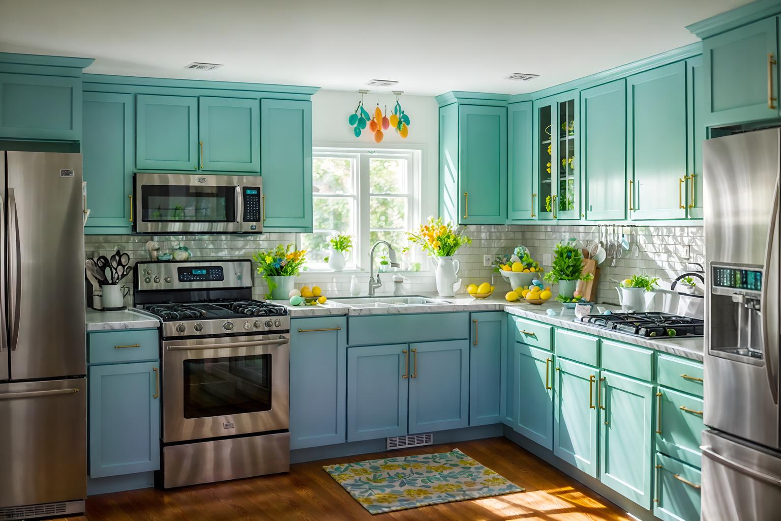 easter-style (kitchen interior) with kitchen cabinets and sink and refrigerator and plant and stove and worktops and kitchen cabinets. . with easter decorations and light blue colors and spring decorations and colorful easter eggs and flowers on table and easter decorations. . cinematic photo, highly detailed, cinematic lighting, ultra-detailed, ultrarealistic, photorealism, 8k. easter interior design style. masterpiece, cinematic light, ultrarealistic+, photorealistic+, 8k, raw photo, realistic, sharp focus on eyes, (symmetrical eyes), (intact eyes), hyperrealistic, highest quality, best quality, , highly detailed, masterpiece, best quality, extremely detailed 8k wallpaper, masterpiece, best quality, ultra-detailed, best shadow, detailed background, detailed face, detailed eyes, high contrast, best illumination, detailed face, dulux, caustic, dynamic angle, detailed glow. dramatic lighting. highly detailed, insanely detailed hair, symmetrical, intricate details, professionally retouched, 8k high definition. strong bokeh. award winning photo.