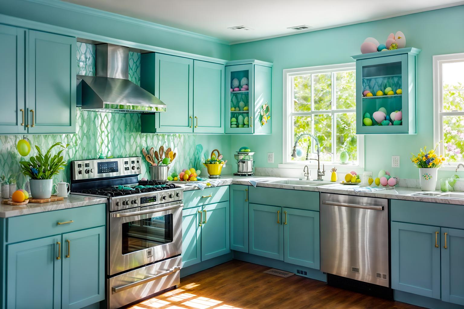 easter-style (kitchen interior) with kitchen cabinets and sink and refrigerator and plant and stove and worktops and kitchen cabinets. . with easter decorations and light blue colors and spring decorations and colorful easter eggs and flowers on table and easter decorations. . cinematic photo, highly detailed, cinematic lighting, ultra-detailed, ultrarealistic, photorealism, 8k. easter interior design style. masterpiece, cinematic light, ultrarealistic+, photorealistic+, 8k, raw photo, realistic, sharp focus on eyes, (symmetrical eyes), (intact eyes), hyperrealistic, highest quality, best quality, , highly detailed, masterpiece, best quality, extremely detailed 8k wallpaper, masterpiece, best quality, ultra-detailed, best shadow, detailed background, detailed face, detailed eyes, high contrast, best illumination, detailed face, dulux, caustic, dynamic angle, detailed glow. dramatic lighting. highly detailed, insanely detailed hair, symmetrical, intricate details, professionally retouched, 8k high definition. strong bokeh. award winning photo.