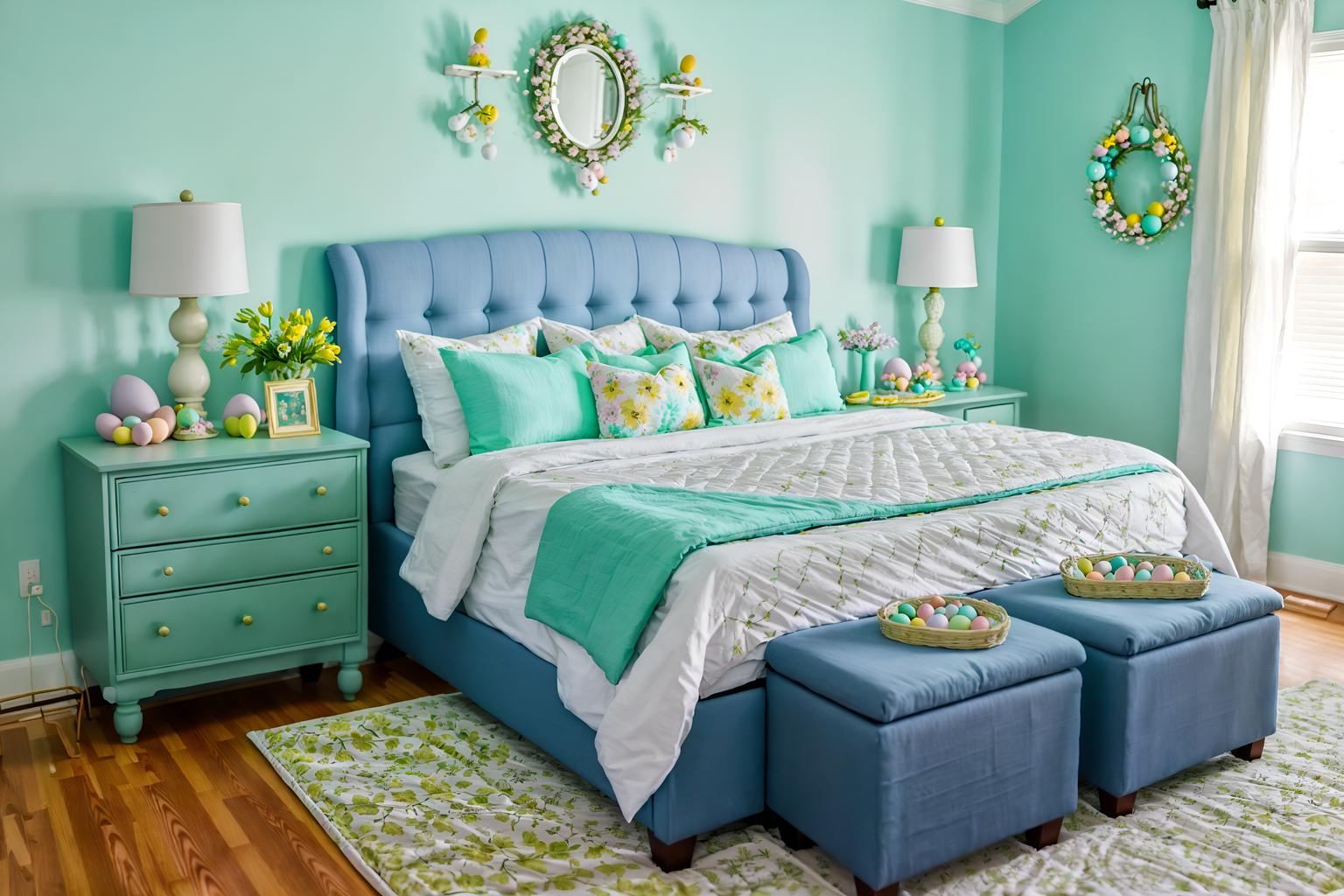 easter-style (bedroom interior) with headboard and bed and night light and accent chair and storage bench or ottoman and plant and bedside table or night stand and mirror. . with easter decorations and light blue colors and spring decorations and flowers on table and colorful easter eggs and easter decorations. . cinematic photo, highly detailed, cinematic lighting, ultra-detailed, ultrarealistic, photorealism, 8k. easter interior design style. masterpiece, cinematic light, ultrarealistic+, photorealistic+, 8k, raw photo, realistic, sharp focus on eyes, (symmetrical eyes), (intact eyes), hyperrealistic, highest quality, best quality, , highly detailed, masterpiece, best quality, extremely detailed 8k wallpaper, masterpiece, best quality, ultra-detailed, best shadow, detailed background, detailed face, detailed eyes, high contrast, best illumination, detailed face, dulux, caustic, dynamic angle, detailed glow. dramatic lighting. highly detailed, insanely detailed hair, symmetrical, intricate details, professionally retouched, 8k high definition. strong bokeh. award winning photo.