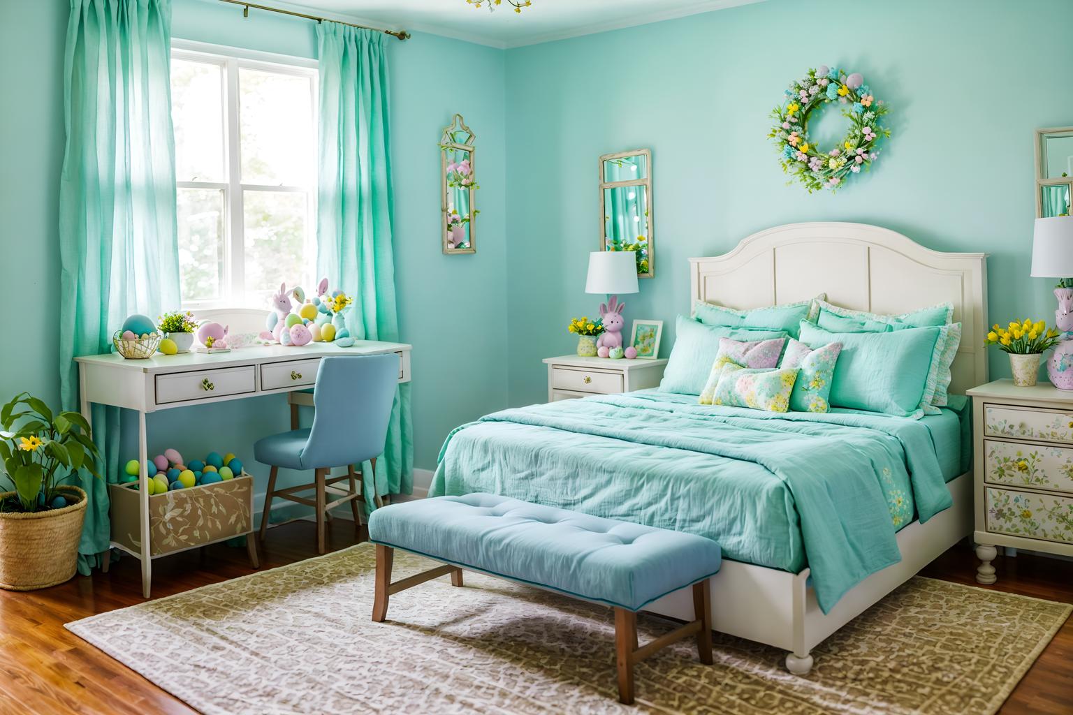 easter-style (bedroom interior) with headboard and bed and night light and accent chair and storage bench or ottoman and plant and bedside table or night stand and mirror. . with easter decorations and light blue colors and spring decorations and flowers on table and colorful easter eggs and easter decorations. . cinematic photo, highly detailed, cinematic lighting, ultra-detailed, ultrarealistic, photorealism, 8k. easter interior design style. masterpiece, cinematic light, ultrarealistic+, photorealistic+, 8k, raw photo, realistic, sharp focus on eyes, (symmetrical eyes), (intact eyes), hyperrealistic, highest quality, best quality, , highly detailed, masterpiece, best quality, extremely detailed 8k wallpaper, masterpiece, best quality, ultra-detailed, best shadow, detailed background, detailed face, detailed eyes, high contrast, best illumination, detailed face, dulux, caustic, dynamic angle, detailed glow. dramatic lighting. highly detailed, insanely detailed hair, symmetrical, intricate details, professionally retouched, 8k high definition. strong bokeh. award winning photo.