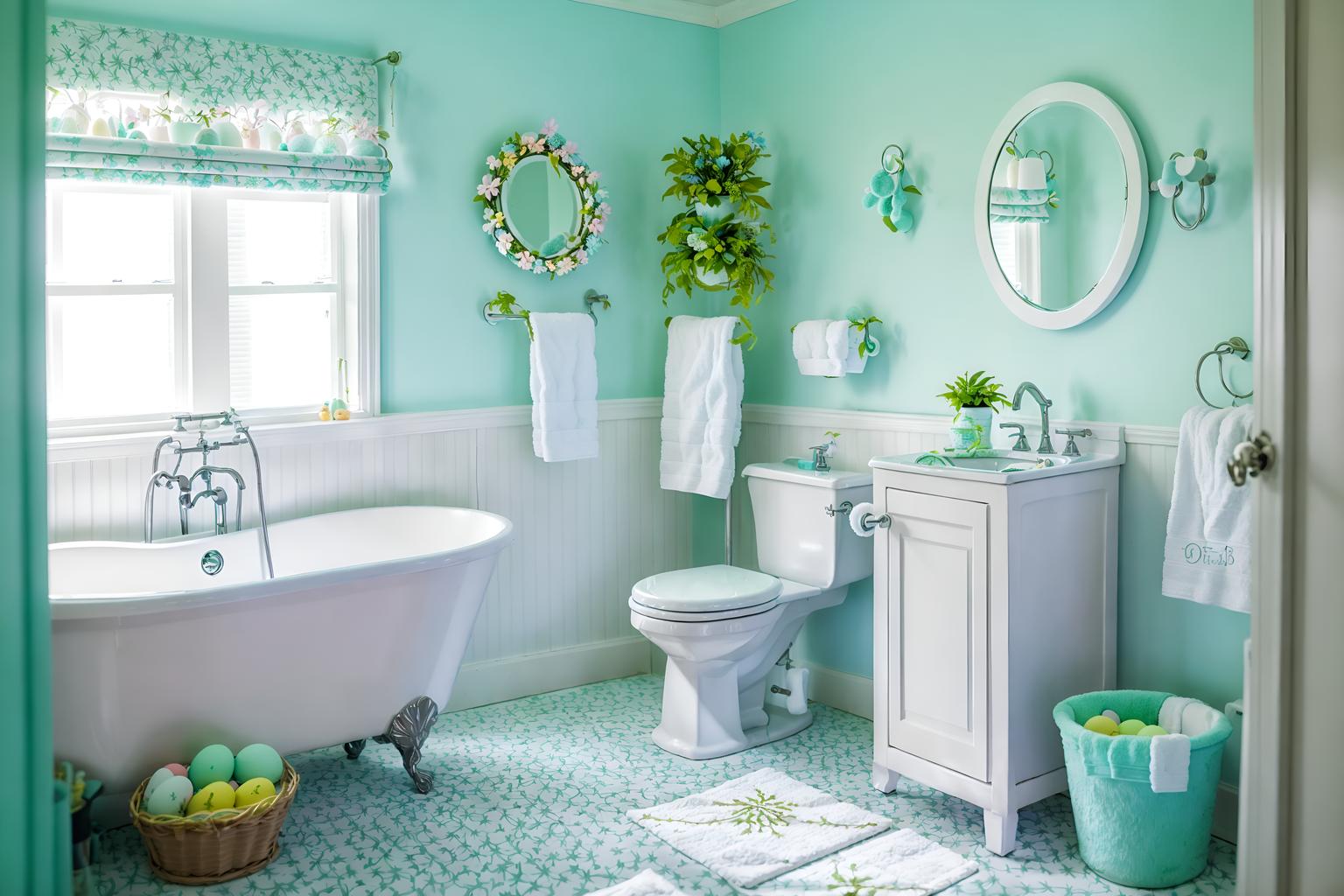 easter-style (bathroom interior) with toilet seat and mirror and bathroom cabinet and waste basket and bath towel and bath rail and bathtub and plant. . with spring decorations and easter decorations and colorful easter eggs and light blue colors and flowers on table and spring decorations. . cinematic photo, highly detailed, cinematic lighting, ultra-detailed, ultrarealistic, photorealism, 8k. easter interior design style. masterpiece, cinematic light, ultrarealistic+, photorealistic+, 8k, raw photo, realistic, sharp focus on eyes, (symmetrical eyes), (intact eyes), hyperrealistic, highest quality, best quality, , highly detailed, masterpiece, best quality, extremely detailed 8k wallpaper, masterpiece, best quality, ultra-detailed, best shadow, detailed background, detailed face, detailed eyes, high contrast, best illumination, detailed face, dulux, caustic, dynamic angle, detailed glow. dramatic lighting. highly detailed, insanely detailed hair, symmetrical, intricate details, professionally retouched, 8k high definition. strong bokeh. award winning photo.