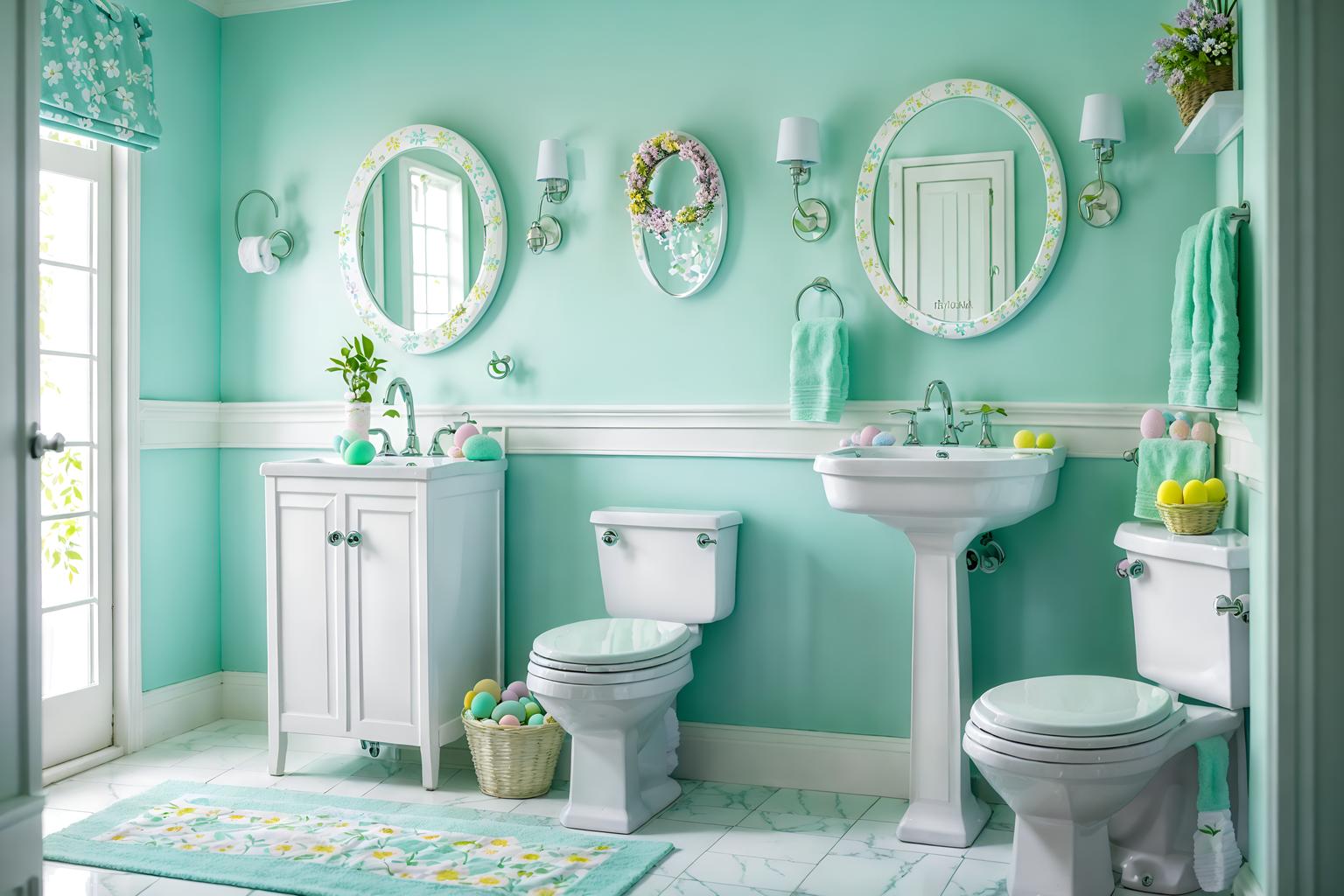 easter-style (bathroom interior) with toilet seat and mirror and bathroom cabinet and waste basket and bath towel and bath rail and bathtub and plant. . with spring decorations and easter decorations and colorful easter eggs and light blue colors and flowers on table and spring decorations. . cinematic photo, highly detailed, cinematic lighting, ultra-detailed, ultrarealistic, photorealism, 8k. easter interior design style. masterpiece, cinematic light, ultrarealistic+, photorealistic+, 8k, raw photo, realistic, sharp focus on eyes, (symmetrical eyes), (intact eyes), hyperrealistic, highest quality, best quality, , highly detailed, masterpiece, best quality, extremely detailed 8k wallpaper, masterpiece, best quality, ultra-detailed, best shadow, detailed background, detailed face, detailed eyes, high contrast, best illumination, detailed face, dulux, caustic, dynamic angle, detailed glow. dramatic lighting. highly detailed, insanely detailed hair, symmetrical, intricate details, professionally retouched, 8k high definition. strong bokeh. award winning photo.