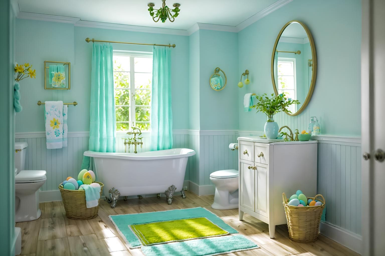 easter-style (bathroom interior) with toilet seat and mirror and bathroom cabinet and waste basket and bath towel and bath rail and bathtub and plant. . with spring decorations and easter decorations and colorful easter eggs and light blue colors and flowers on table and spring decorations. . cinematic photo, highly detailed, cinematic lighting, ultra-detailed, ultrarealistic, photorealism, 8k. easter interior design style. masterpiece, cinematic light, ultrarealistic+, photorealistic+, 8k, raw photo, realistic, sharp focus on eyes, (symmetrical eyes), (intact eyes), hyperrealistic, highest quality, best quality, , highly detailed, masterpiece, best quality, extremely detailed 8k wallpaper, masterpiece, best quality, ultra-detailed, best shadow, detailed background, detailed face, detailed eyes, high contrast, best illumination, detailed face, dulux, caustic, dynamic angle, detailed glow. dramatic lighting. highly detailed, insanely detailed hair, symmetrical, intricate details, professionally retouched, 8k high definition. strong bokeh. award winning photo.