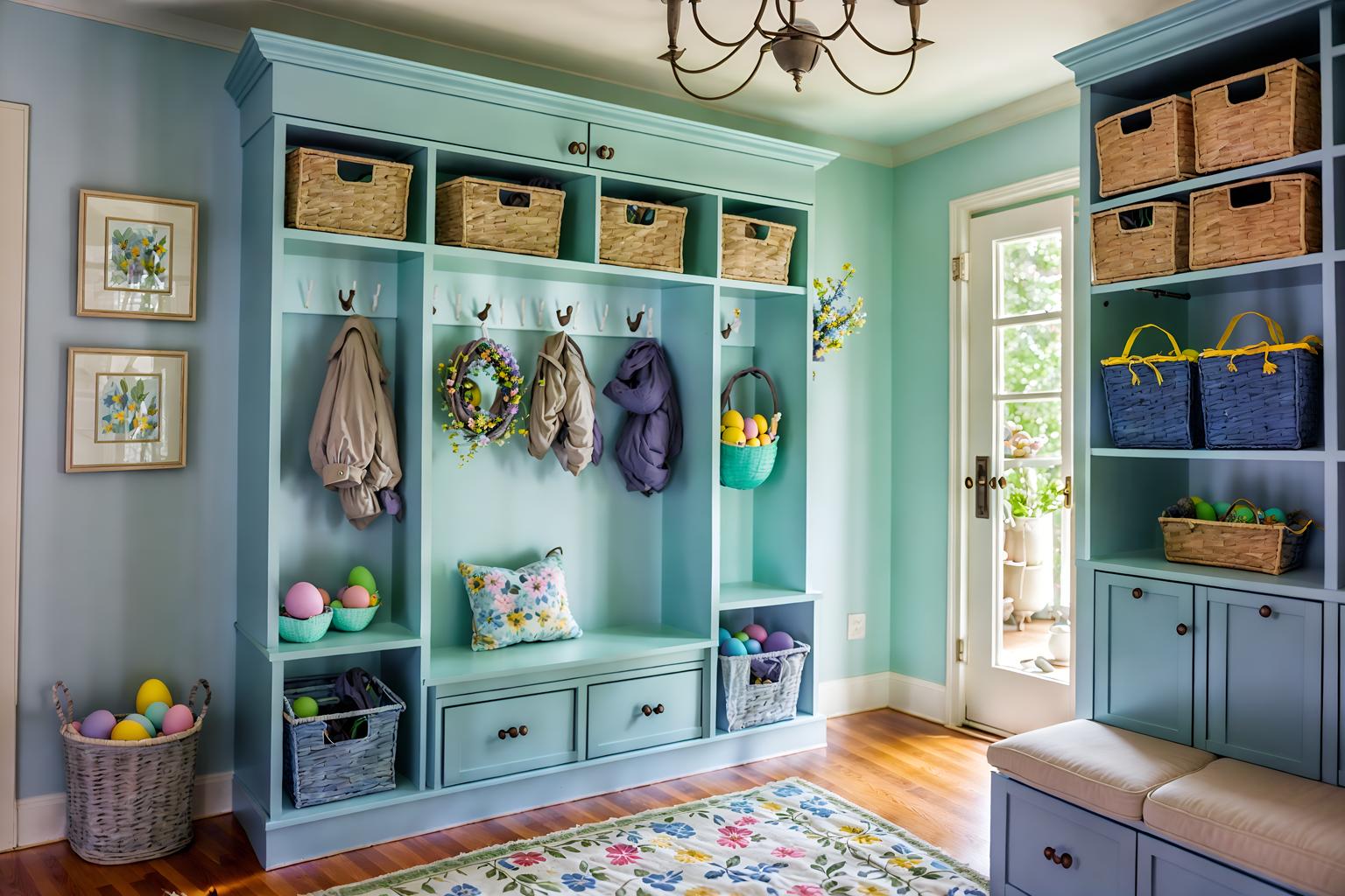 easter-style (mudroom interior) with storage drawers and cubbies and shelves for shoes and a bench and high up storage and wall hooks for coats and cabinets and storage baskets. . with flowers on table and easter decorations and light blue colors and spring decorations and colorful easter eggs and flowers on table. . cinematic photo, highly detailed, cinematic lighting, ultra-detailed, ultrarealistic, photorealism, 8k. easter interior design style. masterpiece, cinematic light, ultrarealistic+, photorealistic+, 8k, raw photo, realistic, sharp focus on eyes, (symmetrical eyes), (intact eyes), hyperrealistic, highest quality, best quality, , highly detailed, masterpiece, best quality, extremely detailed 8k wallpaper, masterpiece, best quality, ultra-detailed, best shadow, detailed background, detailed face, detailed eyes, high contrast, best illumination, detailed face, dulux, caustic, dynamic angle, detailed glow. dramatic lighting. highly detailed, insanely detailed hair, symmetrical, intricate details, professionally retouched, 8k high definition. strong bokeh. award winning photo.