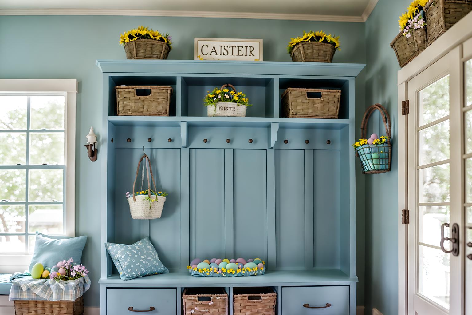 easter-style (mudroom interior) with storage drawers and cubbies and shelves for shoes and a bench and high up storage and wall hooks for coats and cabinets and storage baskets. . with flowers on table and easter decorations and light blue colors and spring decorations and colorful easter eggs and flowers on table. . cinematic photo, highly detailed, cinematic lighting, ultra-detailed, ultrarealistic, photorealism, 8k. easter interior design style. masterpiece, cinematic light, ultrarealistic+, photorealistic+, 8k, raw photo, realistic, sharp focus on eyes, (symmetrical eyes), (intact eyes), hyperrealistic, highest quality, best quality, , highly detailed, masterpiece, best quality, extremely detailed 8k wallpaper, masterpiece, best quality, ultra-detailed, best shadow, detailed background, detailed face, detailed eyes, high contrast, best illumination, detailed face, dulux, caustic, dynamic angle, detailed glow. dramatic lighting. highly detailed, insanely detailed hair, symmetrical, intricate details, professionally retouched, 8k high definition. strong bokeh. award winning photo.