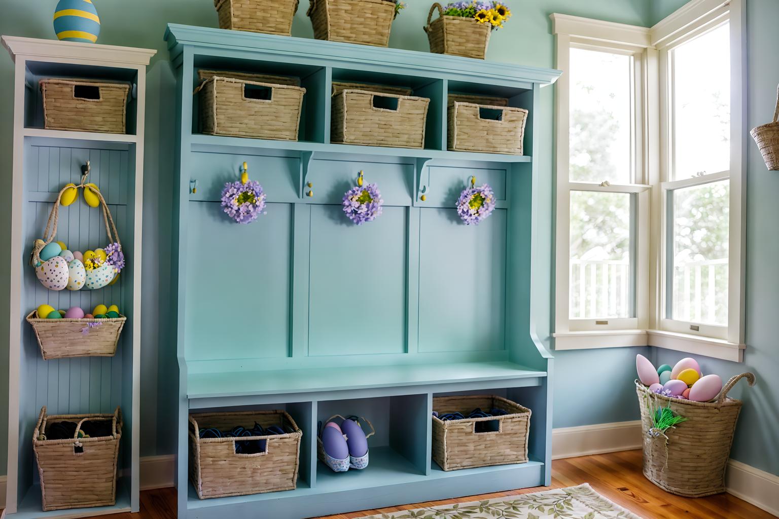 easter-style (mudroom interior) with storage drawers and cubbies and shelves for shoes and a bench and high up storage and wall hooks for coats and cabinets and storage baskets. . with flowers on table and easter decorations and light blue colors and spring decorations and colorful easter eggs and flowers on table. . cinematic photo, highly detailed, cinematic lighting, ultra-detailed, ultrarealistic, photorealism, 8k. easter interior design style. masterpiece, cinematic light, ultrarealistic+, photorealistic+, 8k, raw photo, realistic, sharp focus on eyes, (symmetrical eyes), (intact eyes), hyperrealistic, highest quality, best quality, , highly detailed, masterpiece, best quality, extremely detailed 8k wallpaper, masterpiece, best quality, ultra-detailed, best shadow, detailed background, detailed face, detailed eyes, high contrast, best illumination, detailed face, dulux, caustic, dynamic angle, detailed glow. dramatic lighting. highly detailed, insanely detailed hair, symmetrical, intricate details, professionally retouched, 8k high definition. strong bokeh. award winning photo.